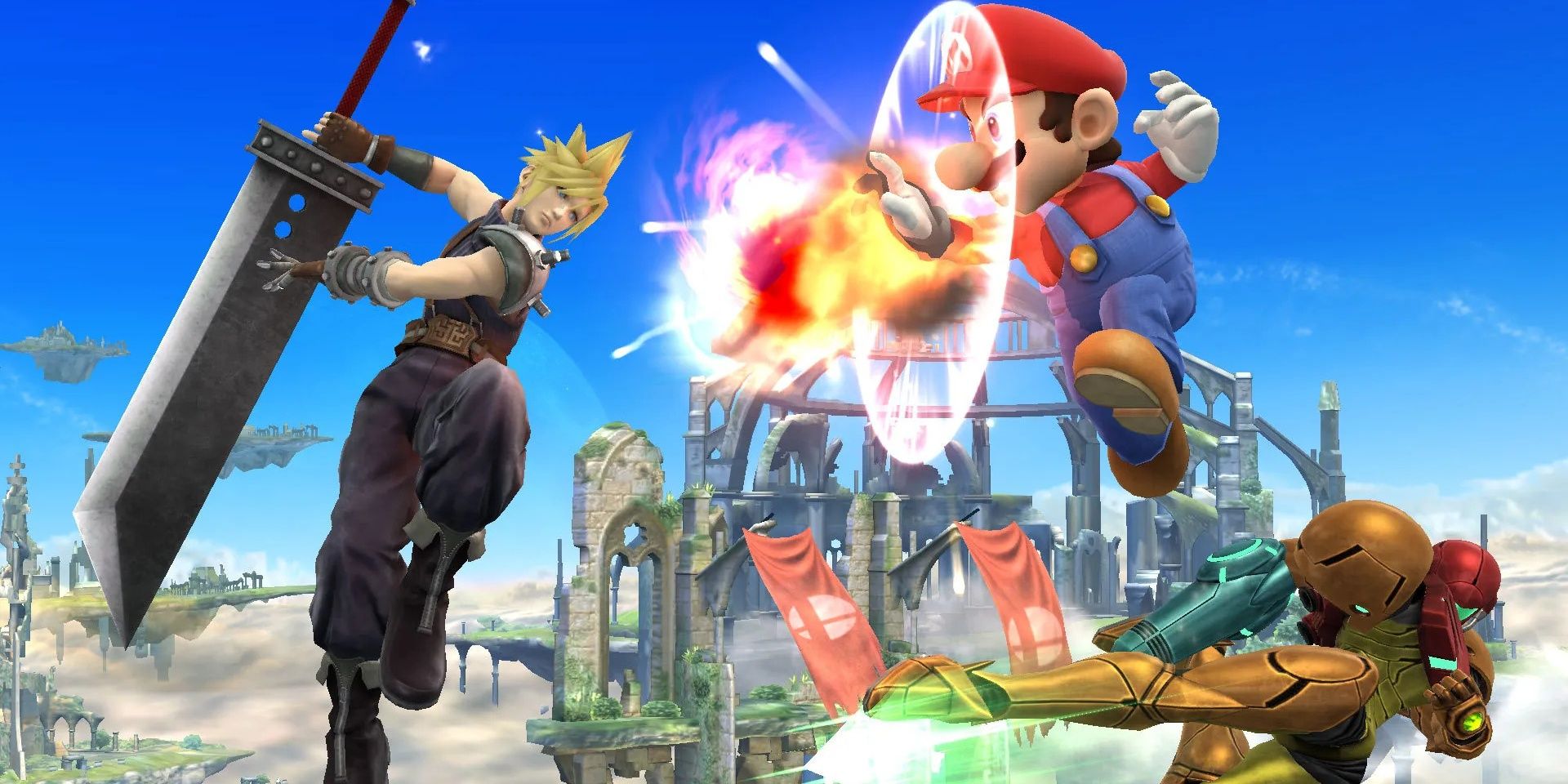 Cloud and Mario fighting in super smash bros