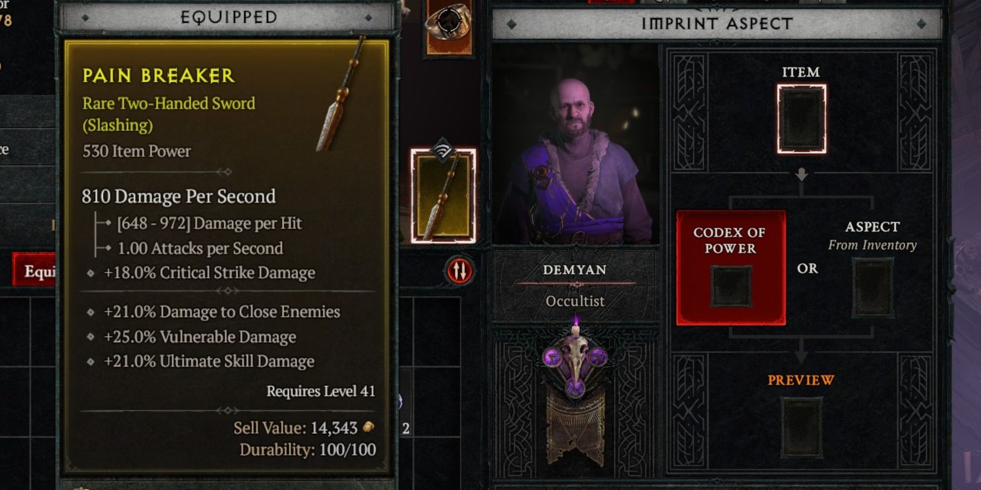 Pain Breaker Sword Stat Panel And Occultist Interface In Diablo 4