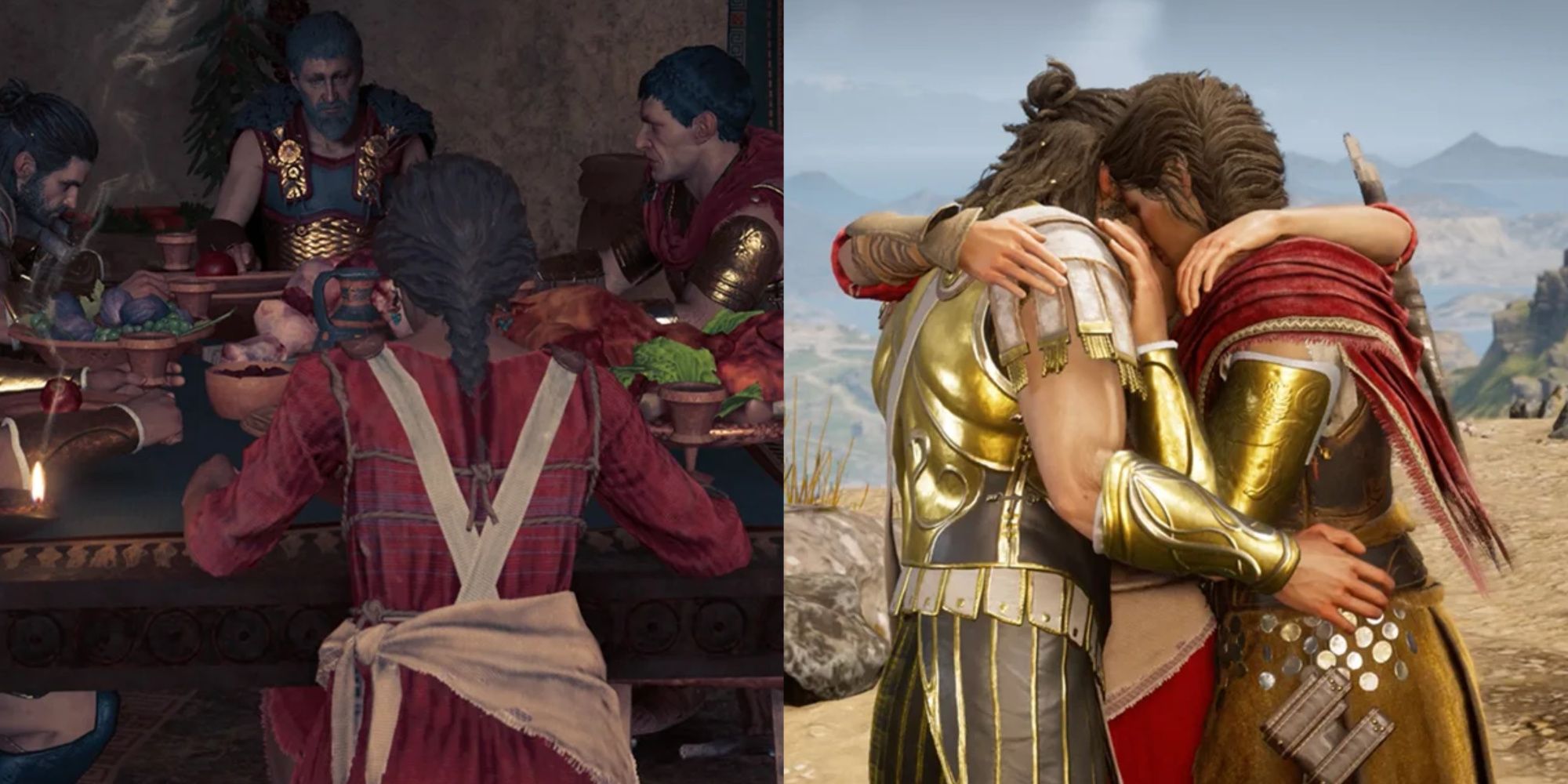 A collage showing the family having dinner on the left, and three characters hugging each other on the right.