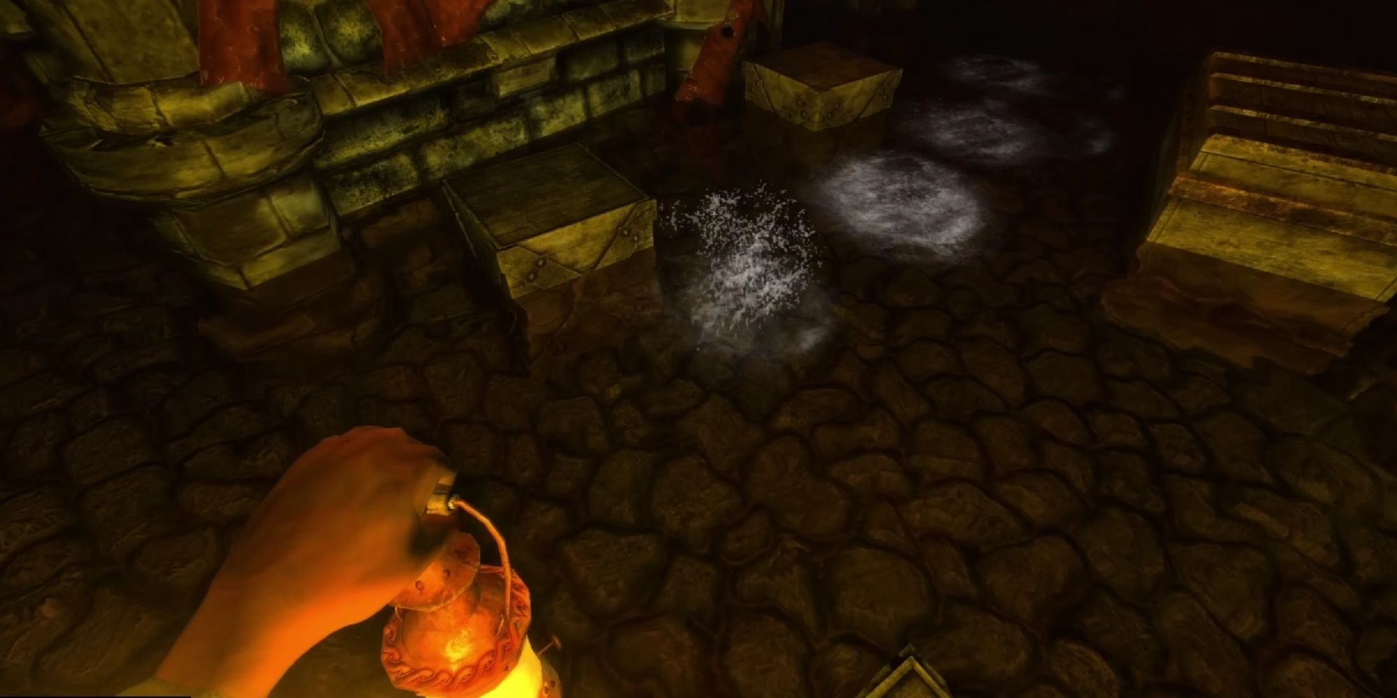 Daniel holding a lantern on top of a box as a Kaernk enemy splashes nearby in Amnesia: The Dark Descent