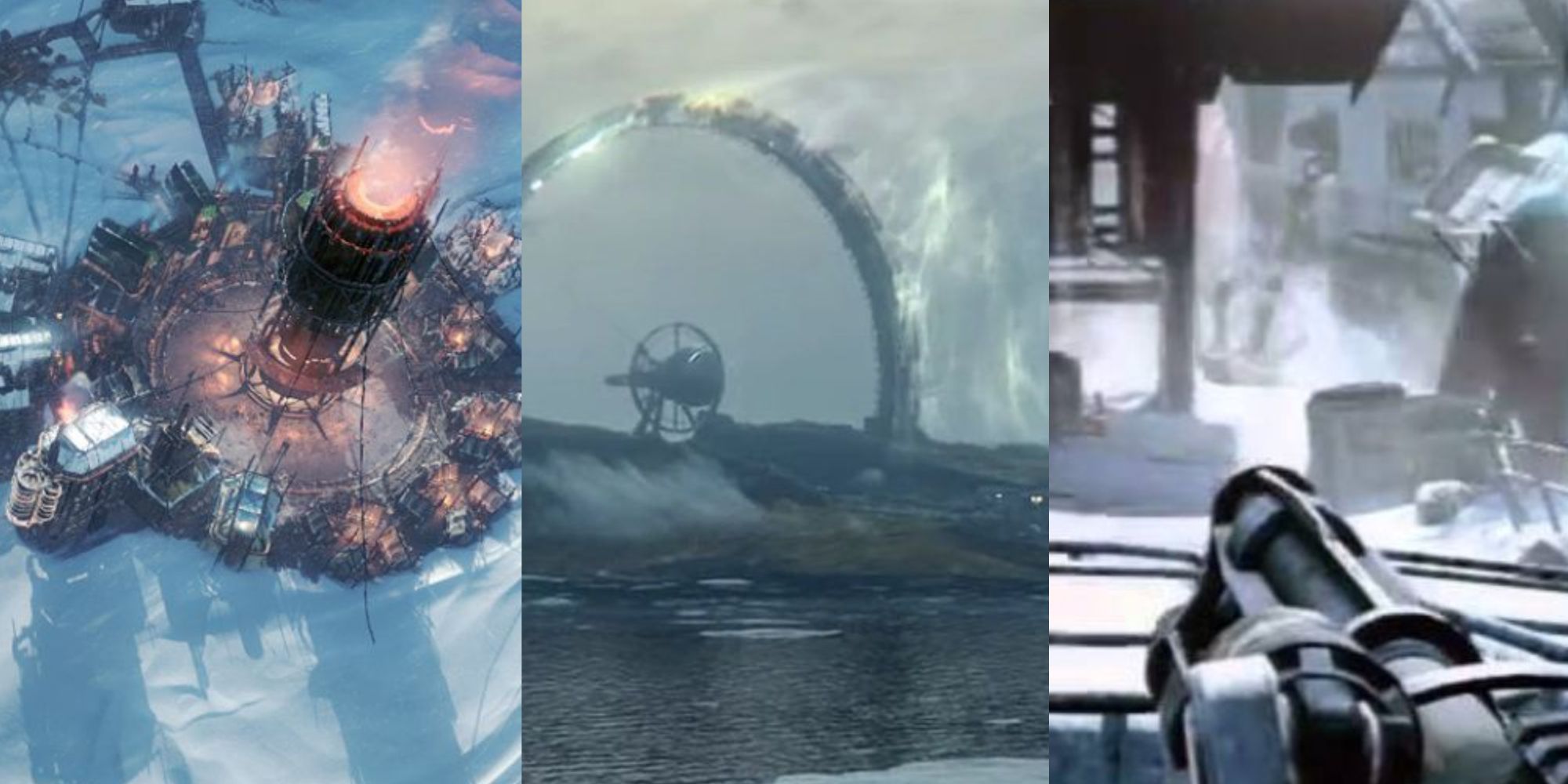 collage of killzone, deathloop, and frostpunk