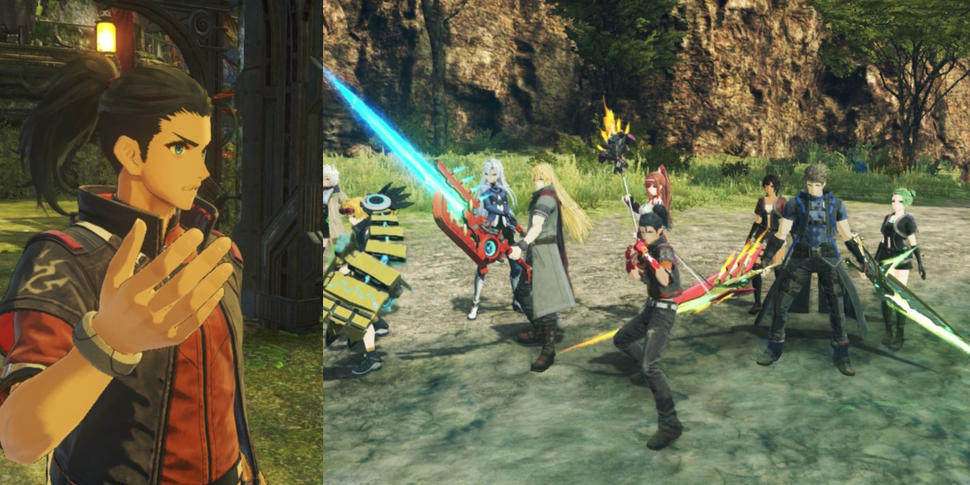 A collage of Matthew, Na'el, Nikol, A, Shulk, Glimmer,  Panacea, Rex, and Linka in Xenoblade Chronicles 3: Future Redeemed.
