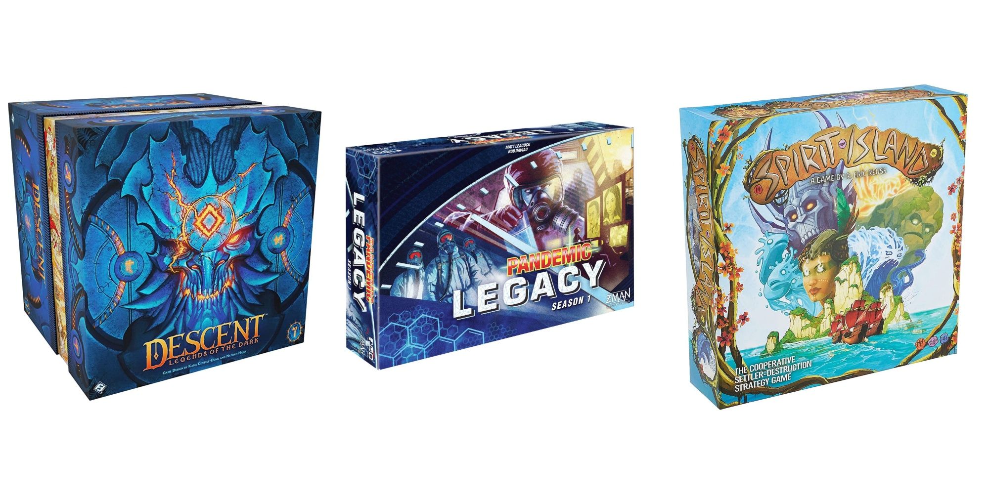 Cooperative board games featuring Descent: Legends of the Dark, Pandemic Legacy: Season 1, and Spirit Island