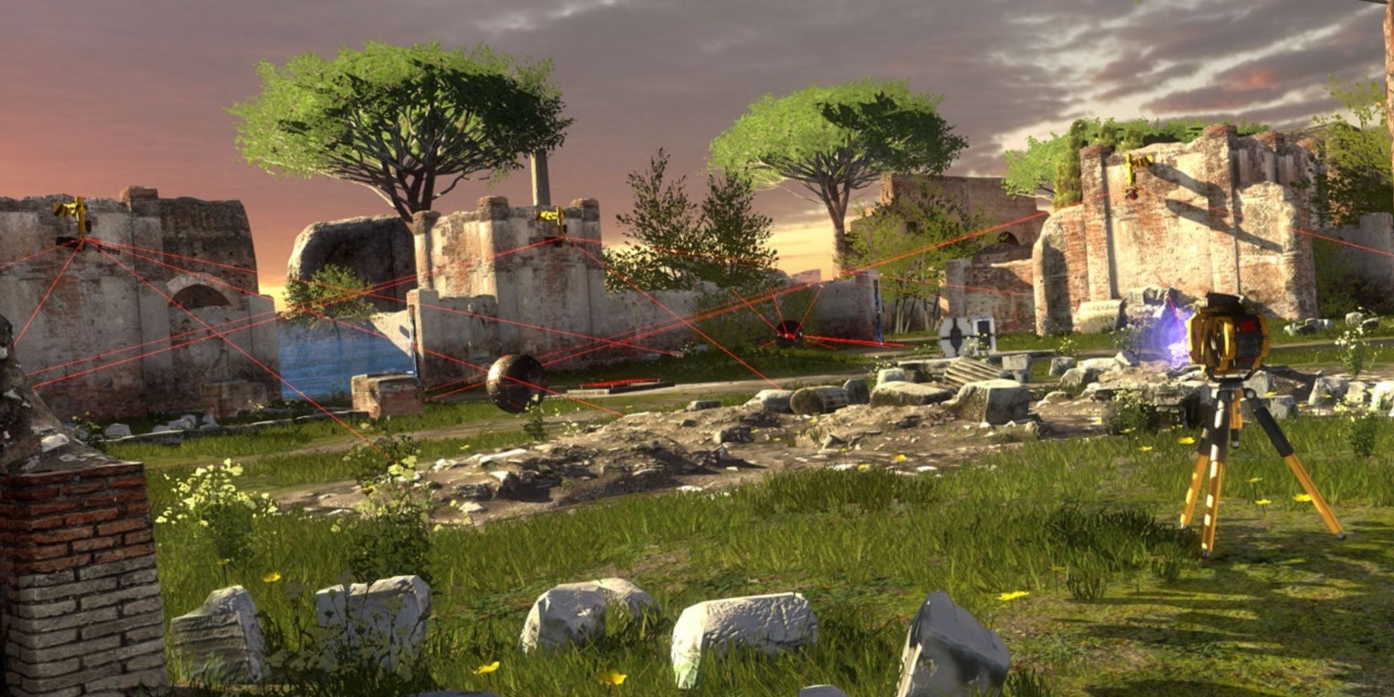 Laser puzzle in an open field surrounded by crumbled ruins the talos principle