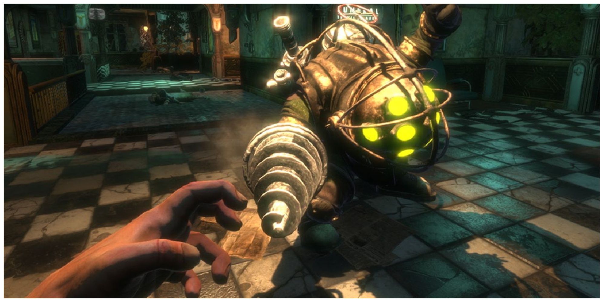 Big Daddy attacking the player in Bioshock.