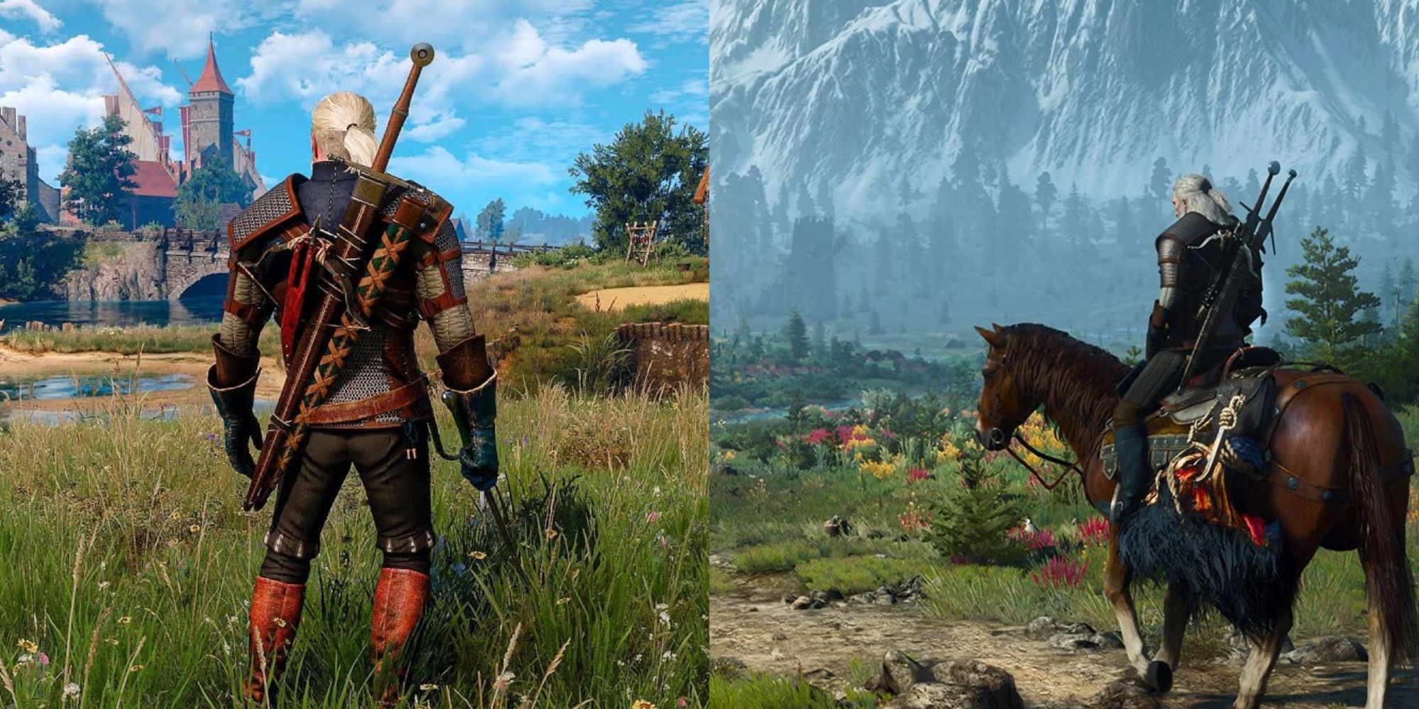A collage showing Geralt exploring on foot on the left and riding his horse on the right.