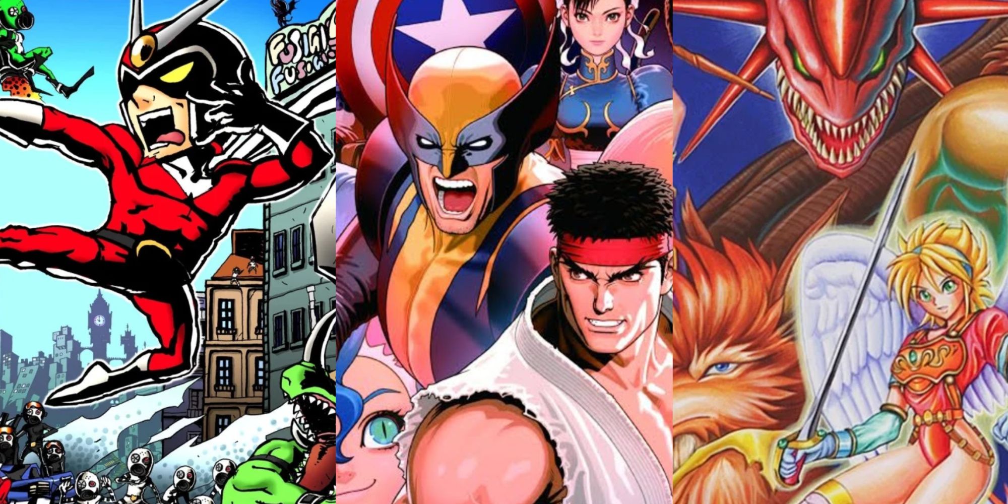 A collage showing three Capcom series: Viewtiful Joe, Marvel vs Capcom, and Breath of Fire.