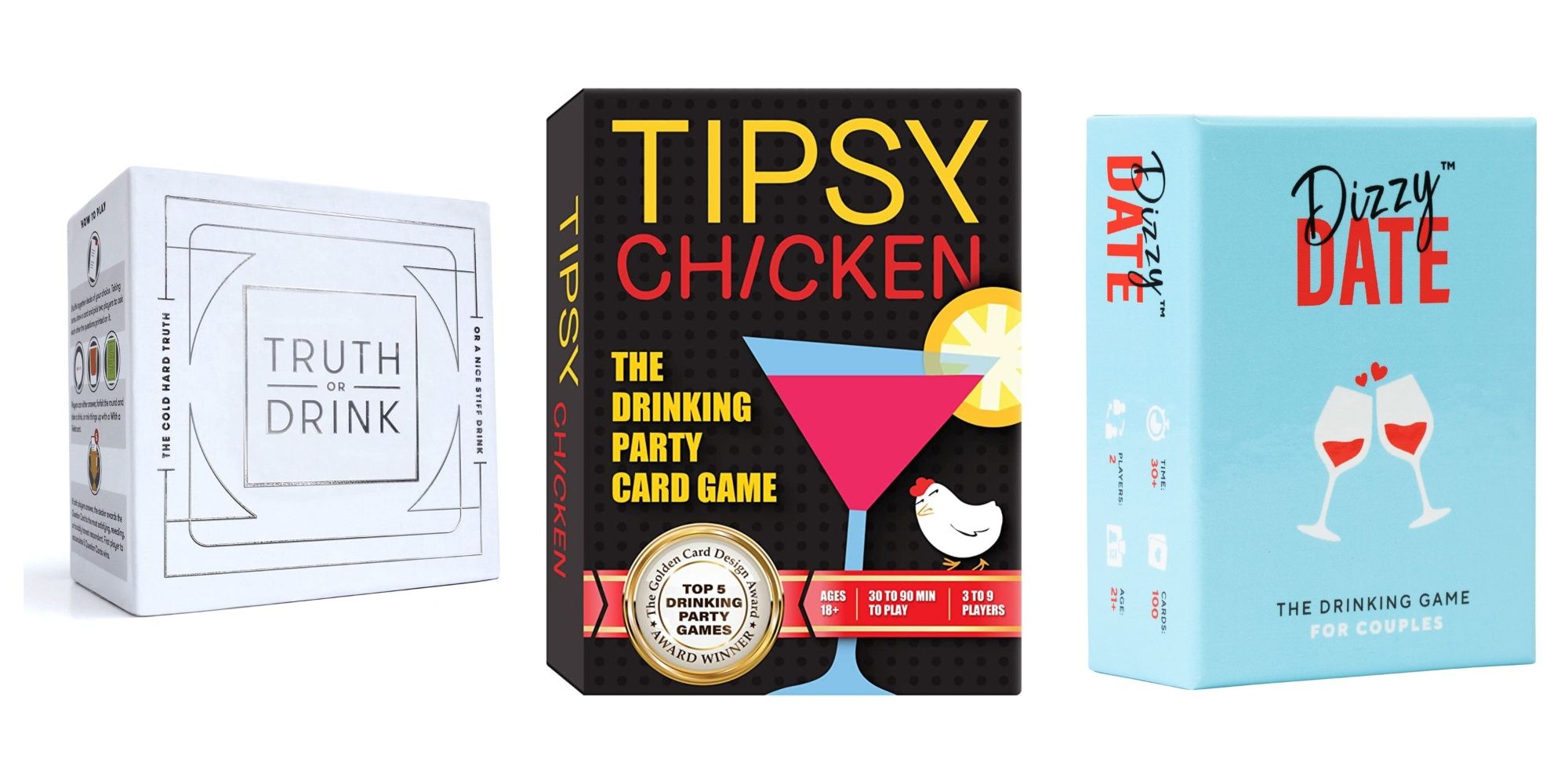 Drinking card games featuring Truth or Drink, Tipsy Chicken, and Dizzy Date