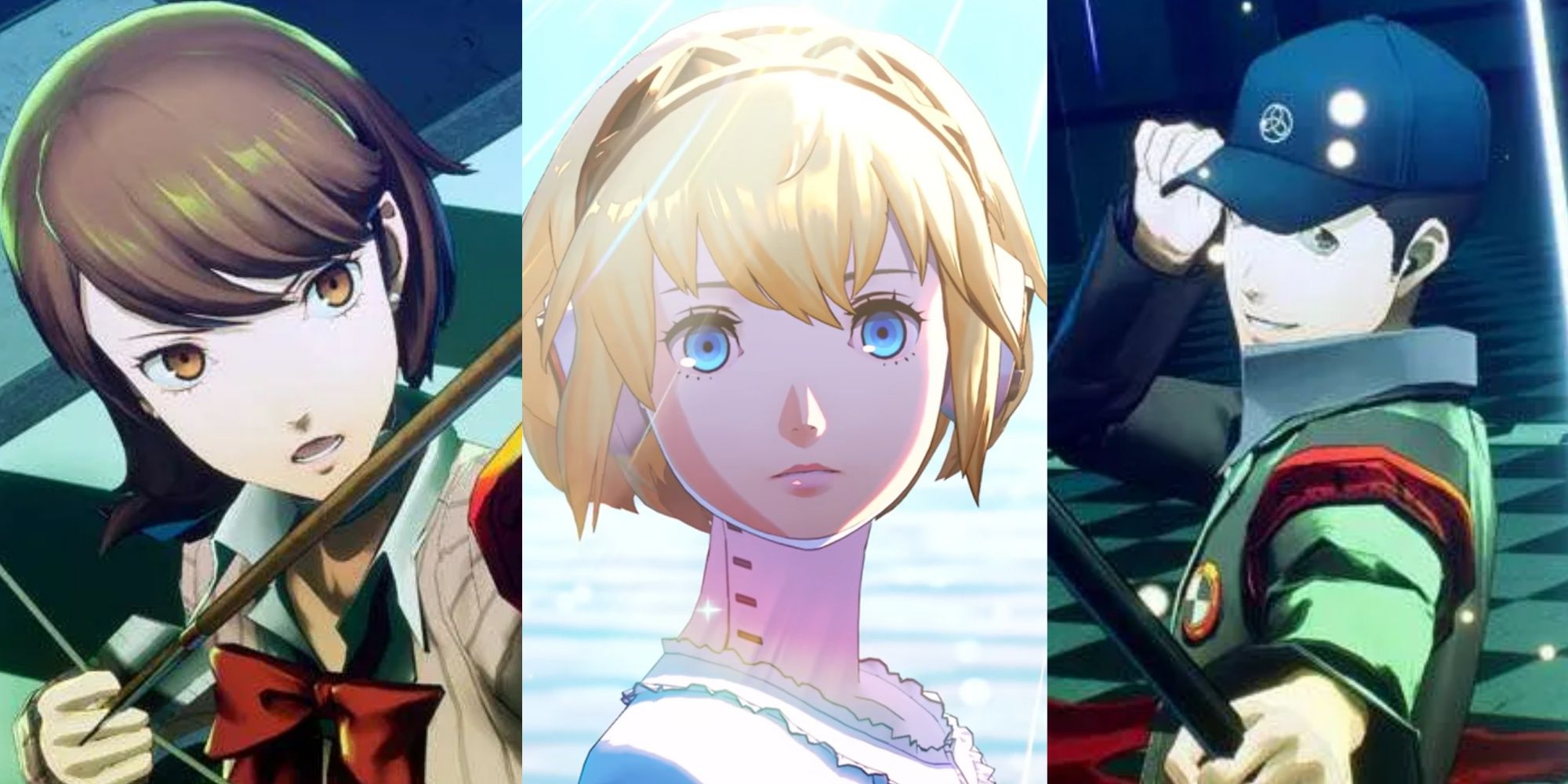 Yukari zieht in Tartarus ihren Bogen zurück, Aigis schaut den Betrachter am Strand an und Junpei rückt seine Mütze zurecht und grinst in Tartarus