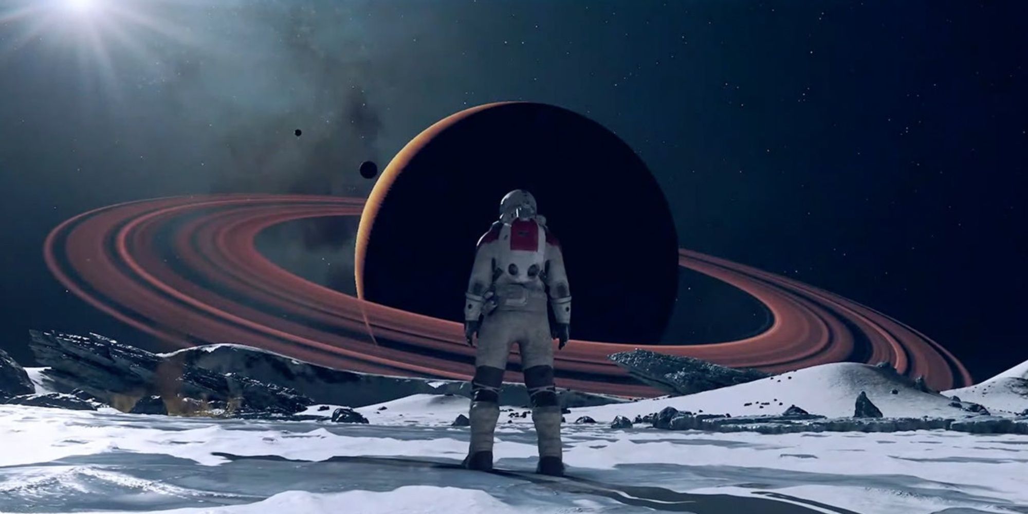 starfield astronaut looking at a saturn-like planet