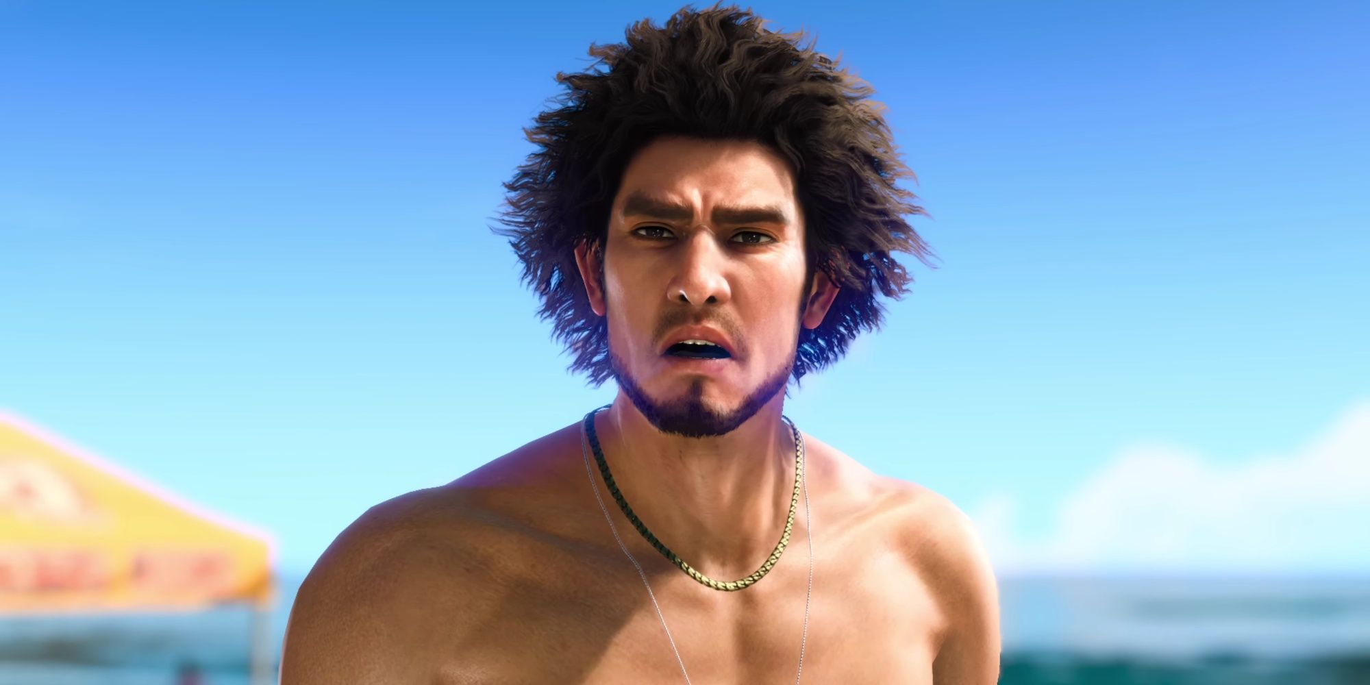 Kasuga Ichiban on a Honolulu beach, looking horrified and confused