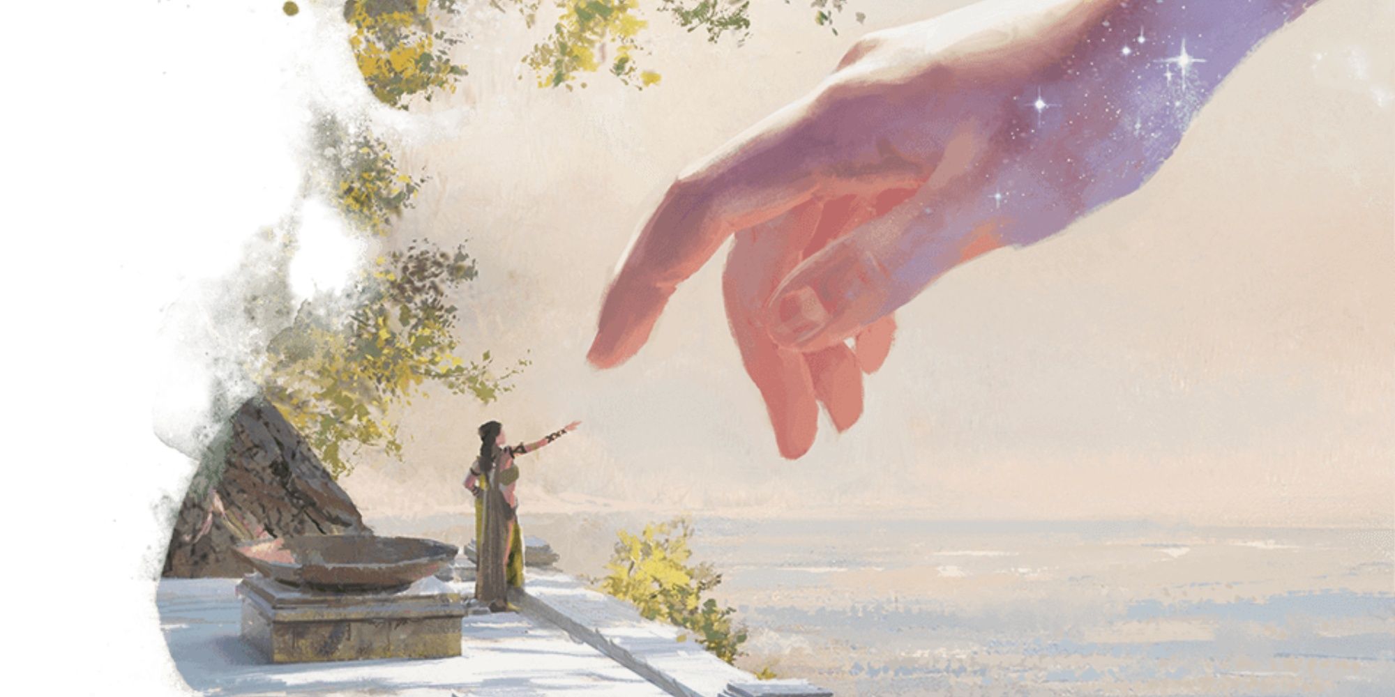 Eine Frau streckt die Hand aus und interagiert mit einer Gottheit aus Dungeons & Dragons.