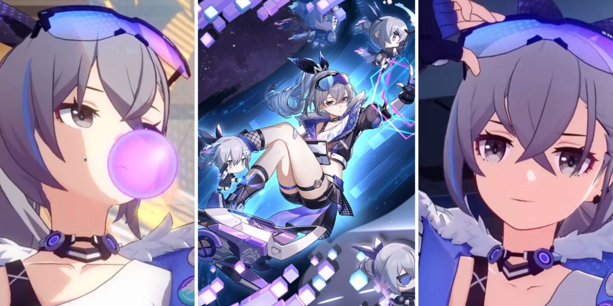silver wolf featured image with bubble gum splash art and looking forward honkai star rail