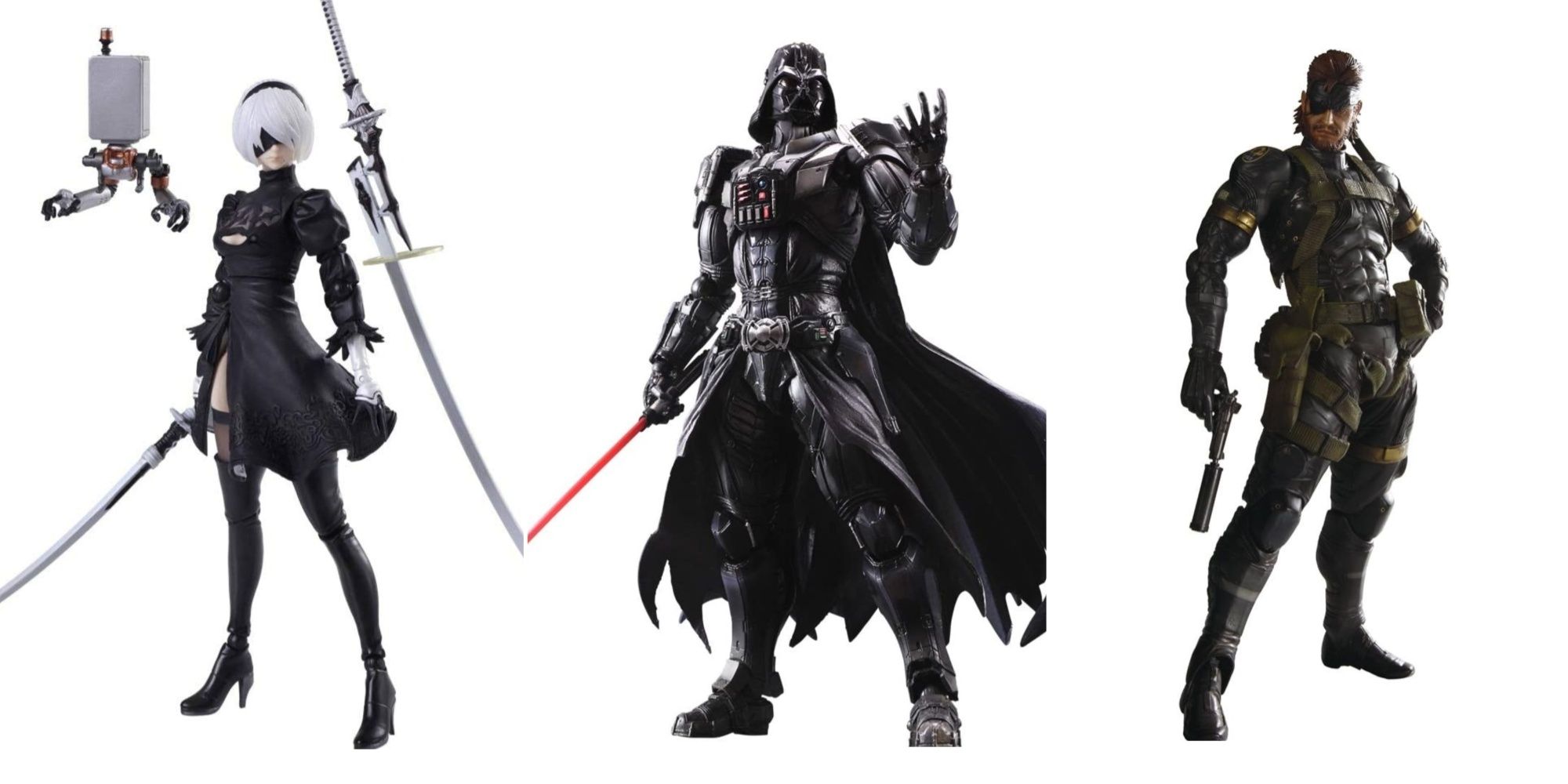 Play Arts Kai action figures featuring 2B, Darth Vader, and Naked Snake