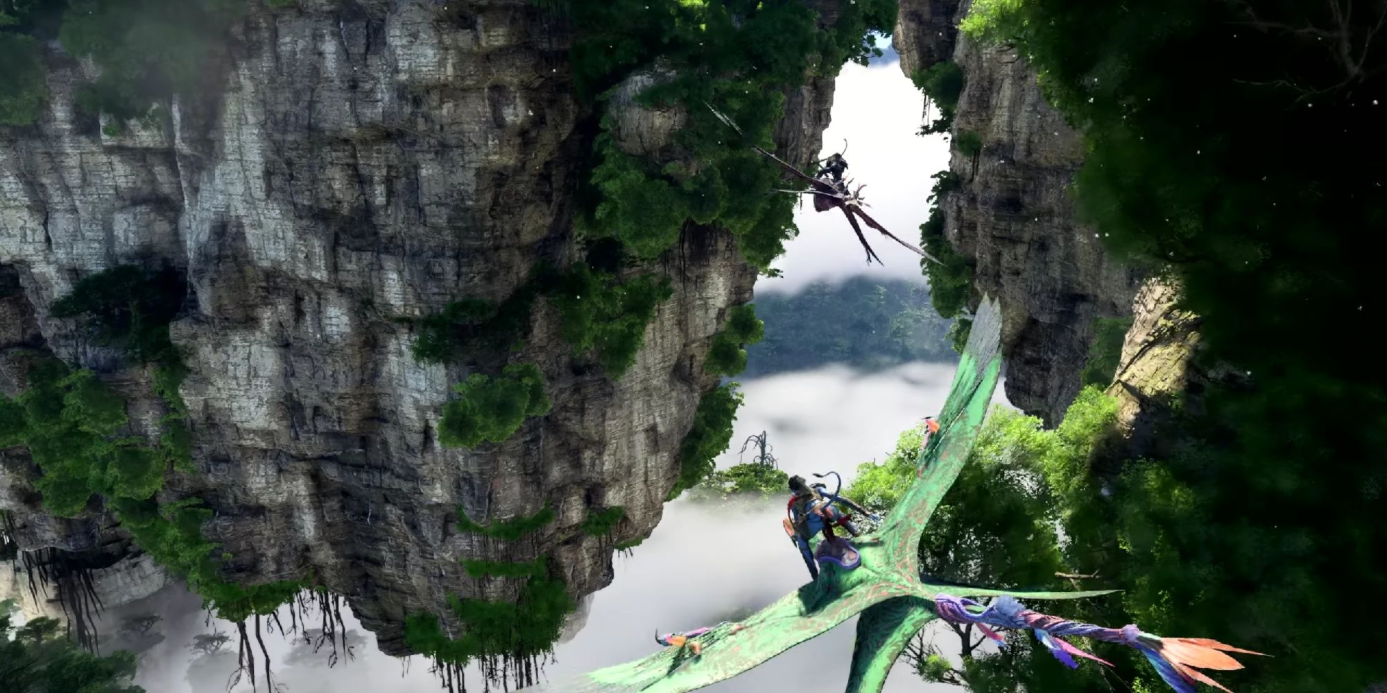 Two players riding ikrans around the floating cliffs and performing tricks in Avatar: Frontiers of Pandora.