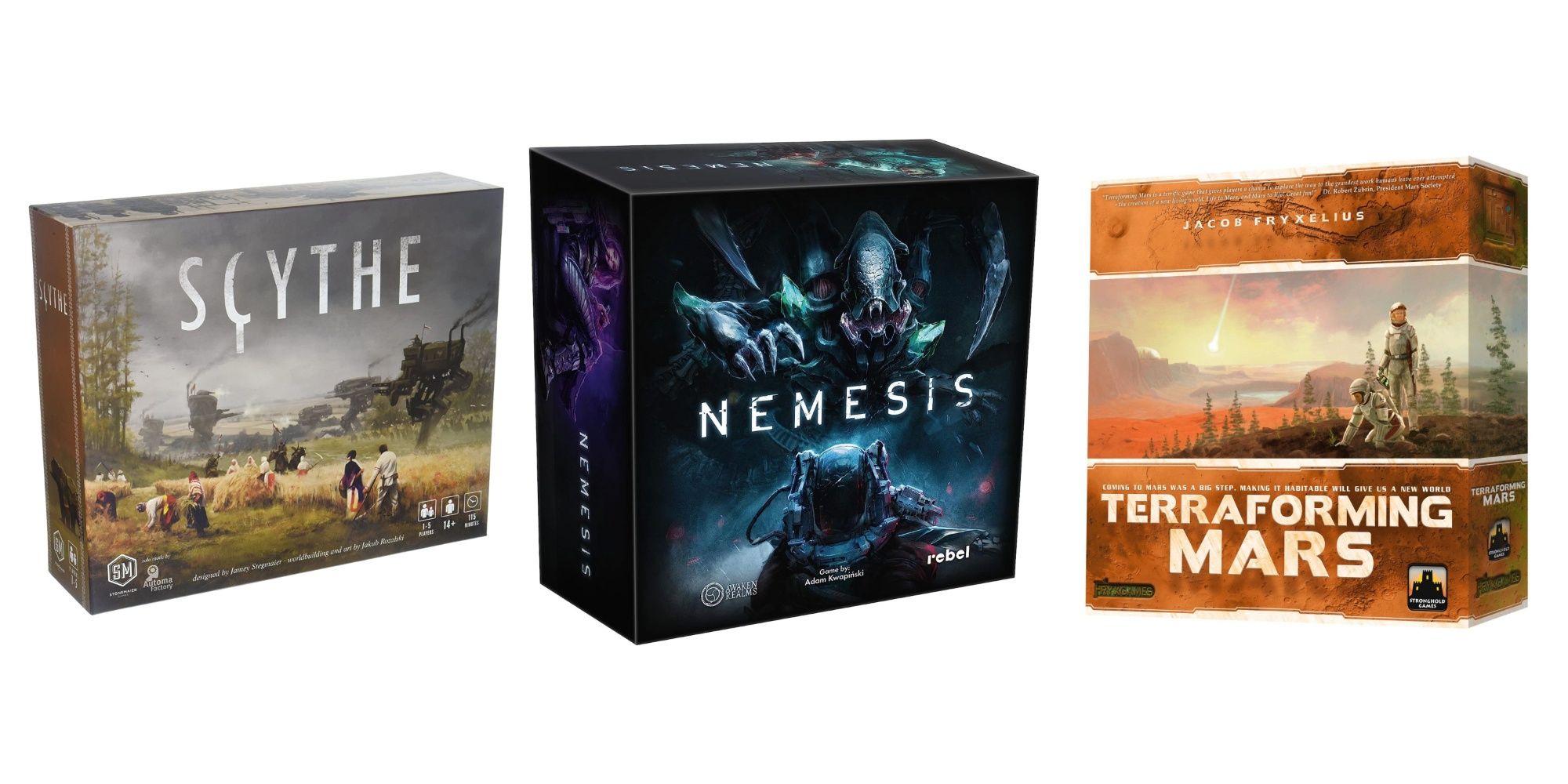Single player board games featuring Scythe, Nemesis, and Terraforming Mars