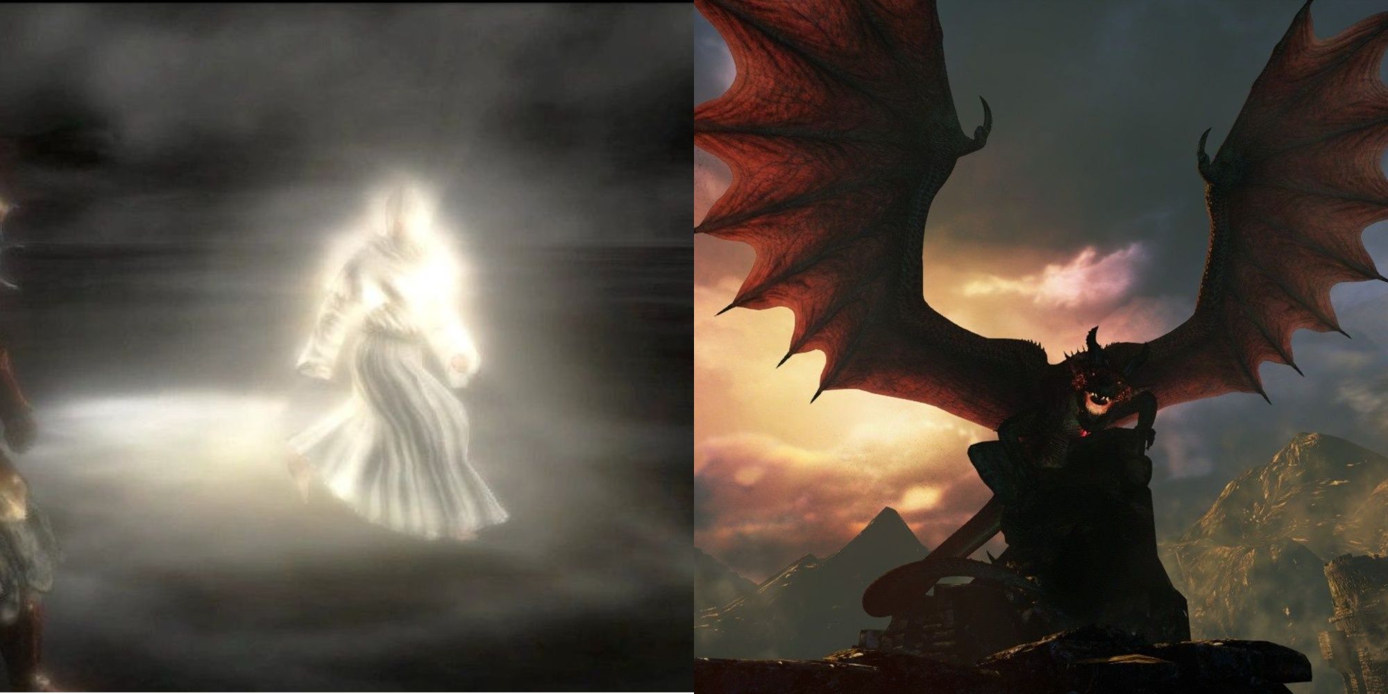 Dragon's Dogma the Seneschal walking in a misty area while glowing, and Grigori with his wings outstretched and roaring