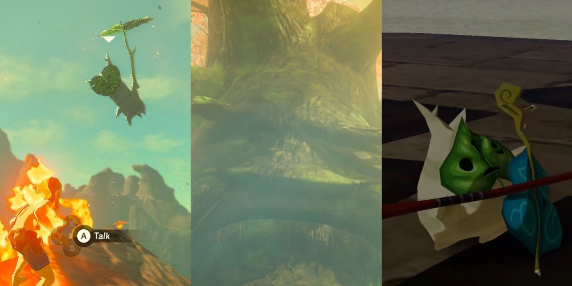 A collage showing a Korok flying while Links is on fire, the Korok tree, and a Korok playing an instrument.