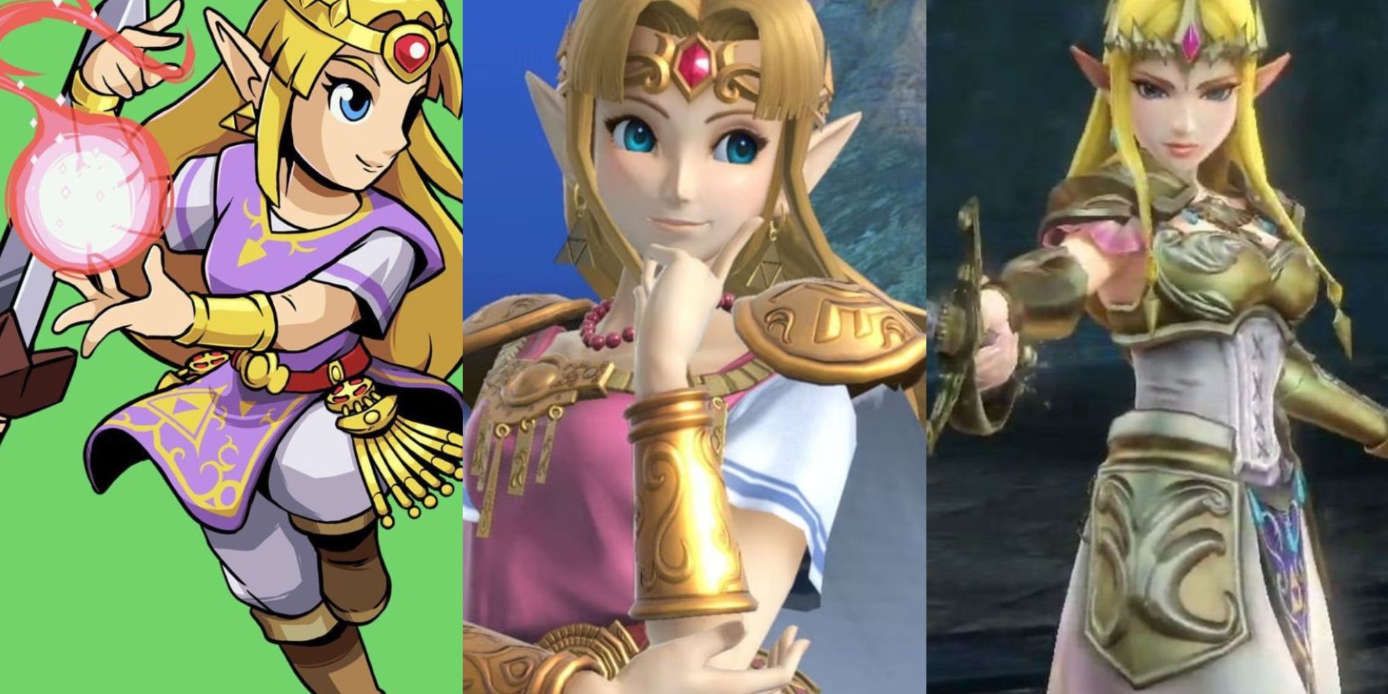 A collage showing three different versions of Zelda.