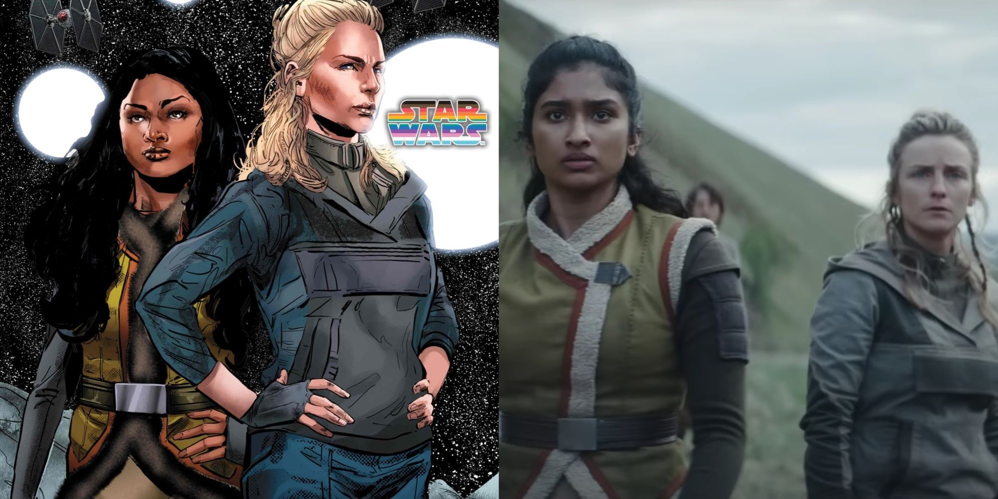 A split-image collage of the Pride Variant comic book cover featuring characters Vel Sartha and Cinta Kaz from Andor, and the live-action versions of them played by their actresses. 