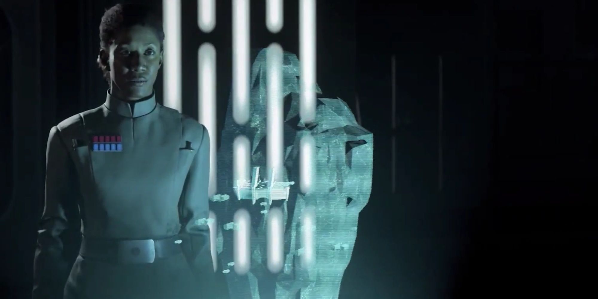 Grand Admiral Rae Sloane looking at a holograph to strategize a fighter plan aboard her Star Destroyer in Star Wars: Squadrons.