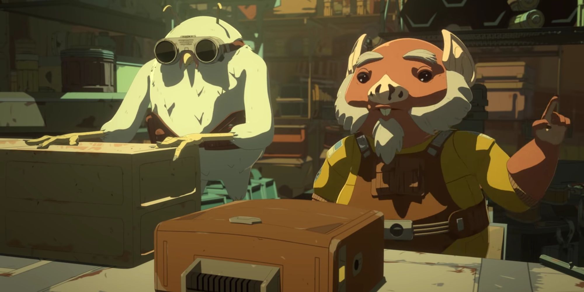 Animated characters Orka and Flix speaking with a person trying to rob them in Star Wars: Resistance.