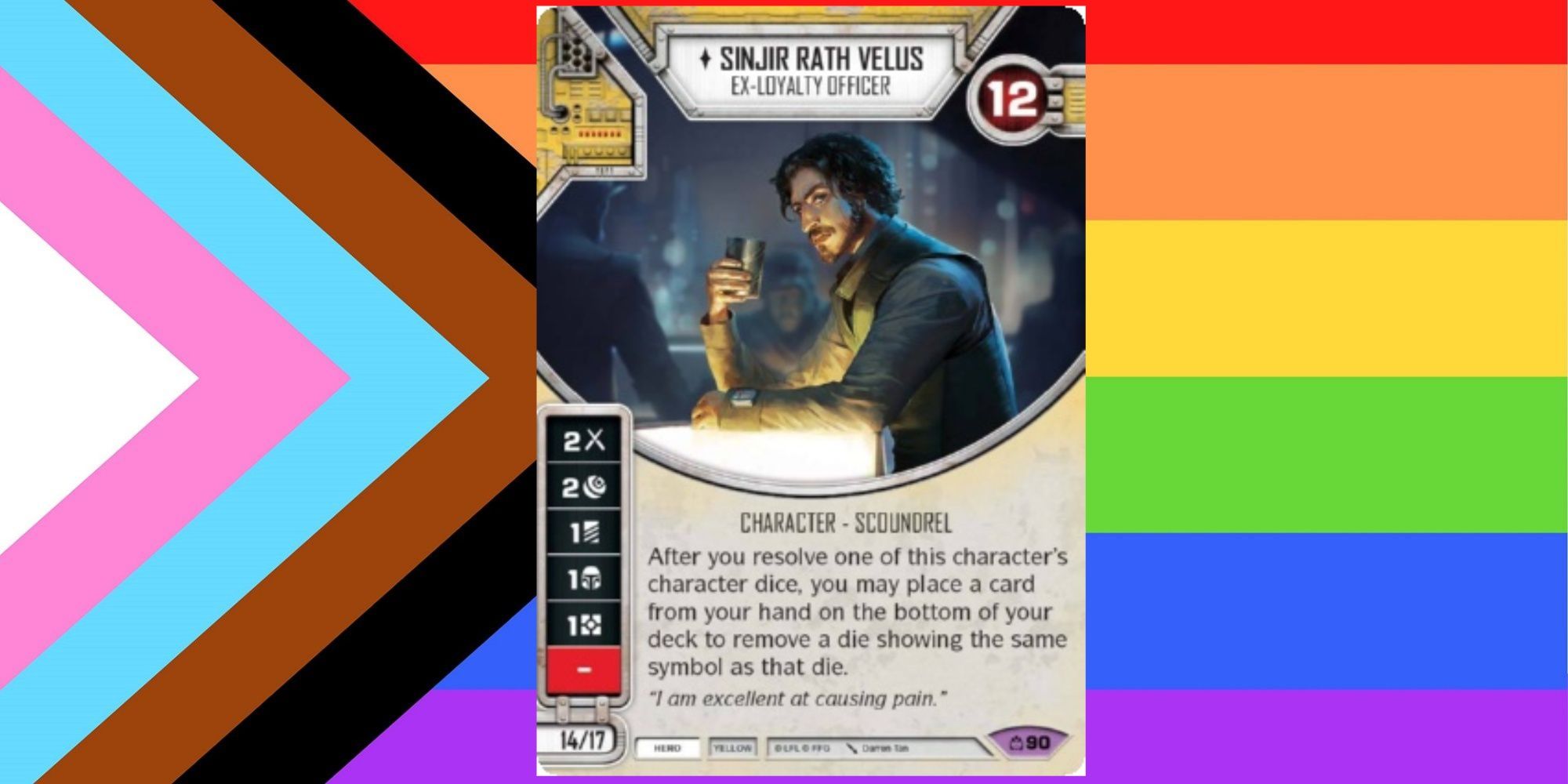 A visual illustration of Star Wars book character Sinjir Rath Velus as appearing on a card amid an LGBTQ+ flag background.