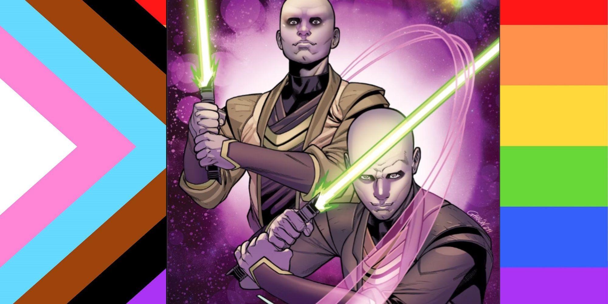 Jedi bond-twins Terec and Ceret with green lightsabers as they appear on a Pride Variant cover of the High Republic comic book, with an LGBTQ+ flag as the background.