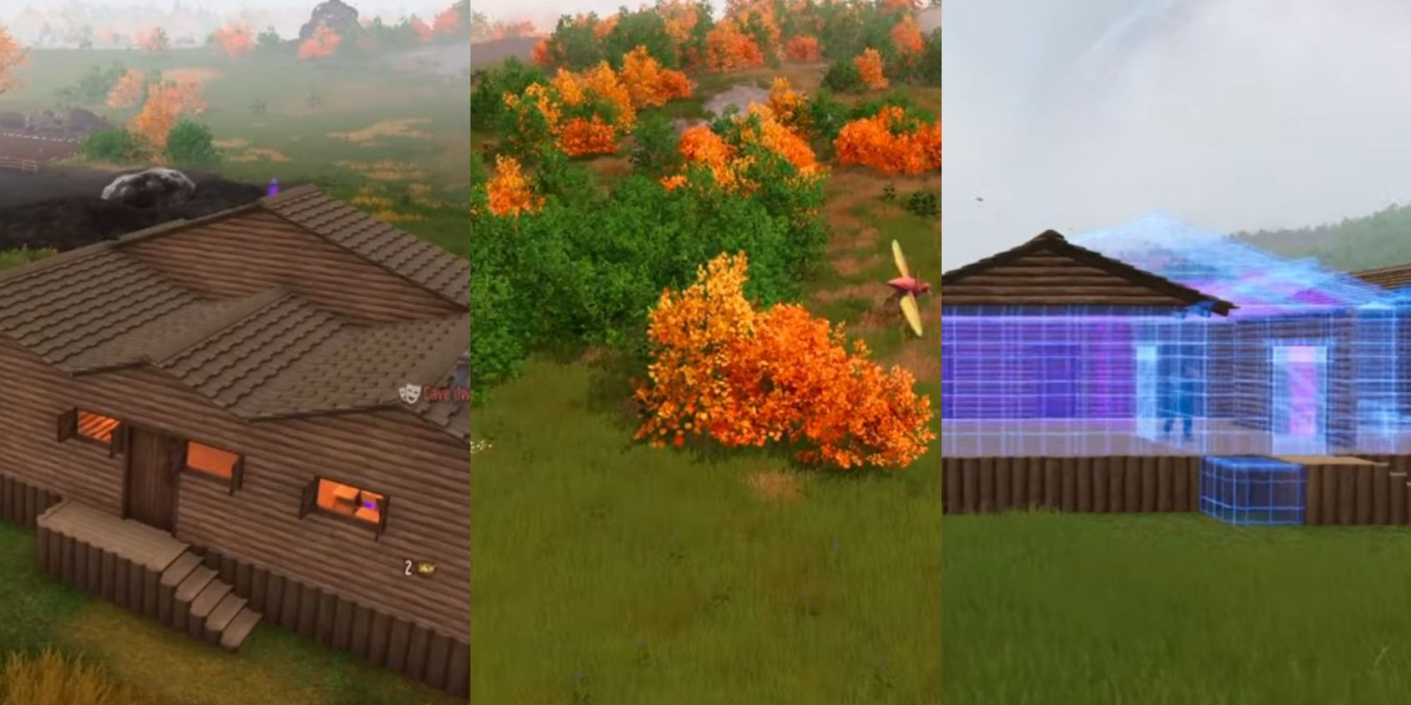 A collage showing two buildings and one forest in Stranded: Alien Dawn.