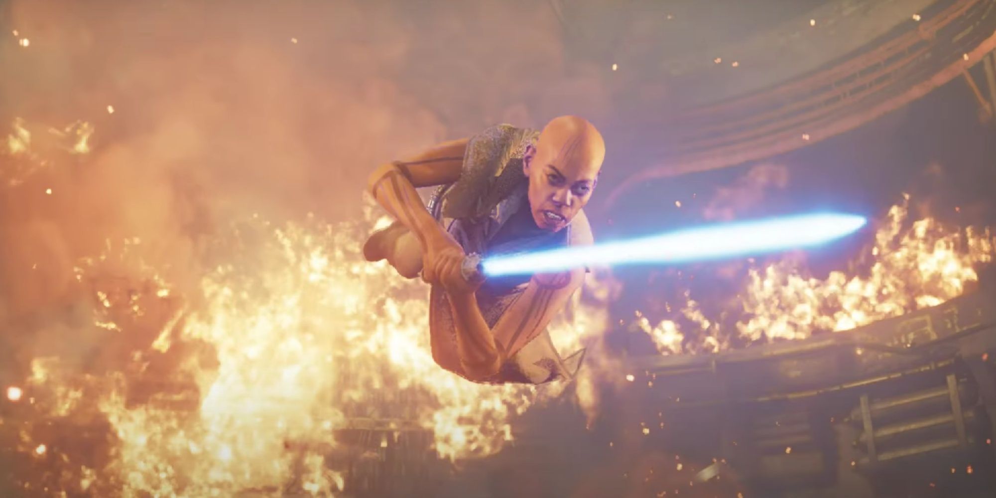 Cere Junda performing a spin launch in the air with her lightsaber aimed at Vader, as the fire burns through the room.