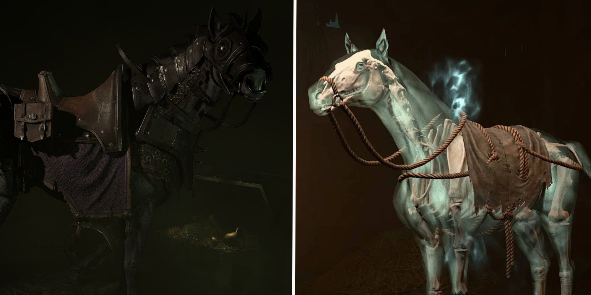 A black charger and ghost horse standing in a stable in Diablo 4 the video game