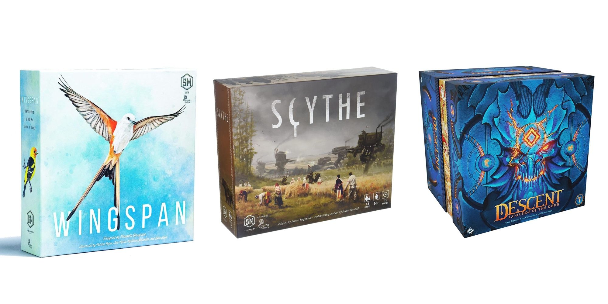 Two Playe board games featuring Wingspan, Scythe, and Descent: Legends Of The Dark