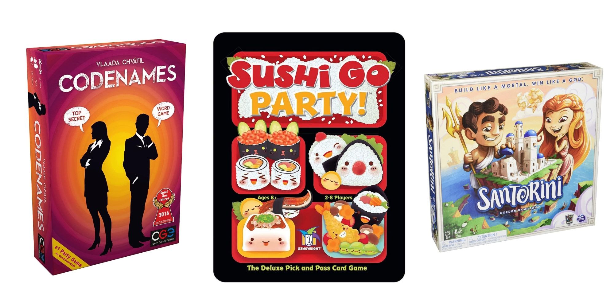Family board games featuring Codenames, Santorini, and Sushi Go Party! 