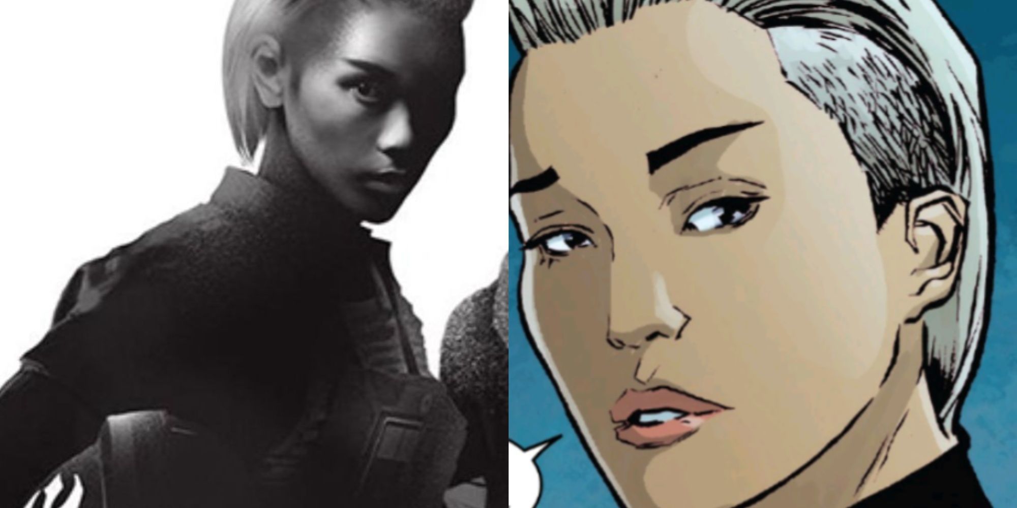 A split-image of Yrica Quell as she appears on the cover of the Alphabet Squadron novel and her visual illustration in a Star Wars comic panel.