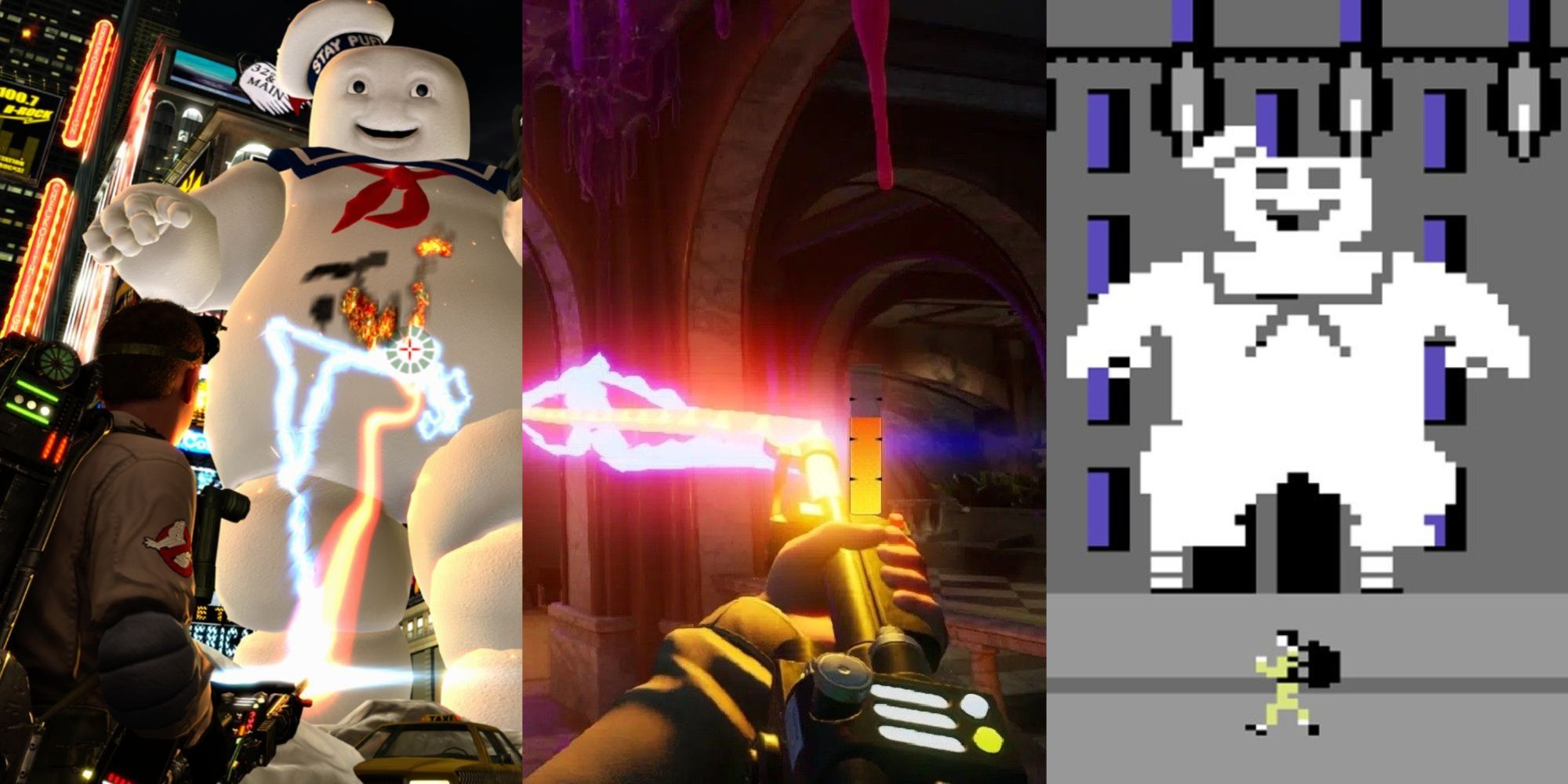 A split-image collage of a Ghostbusters character zapping the Stay Puft ghost in the Ghostbusters video game, gamplay of the FPS Ghostbusters: Spirits Unleashed, and the Stay Puft with a Ghostbuster in the 1984 Atari game.