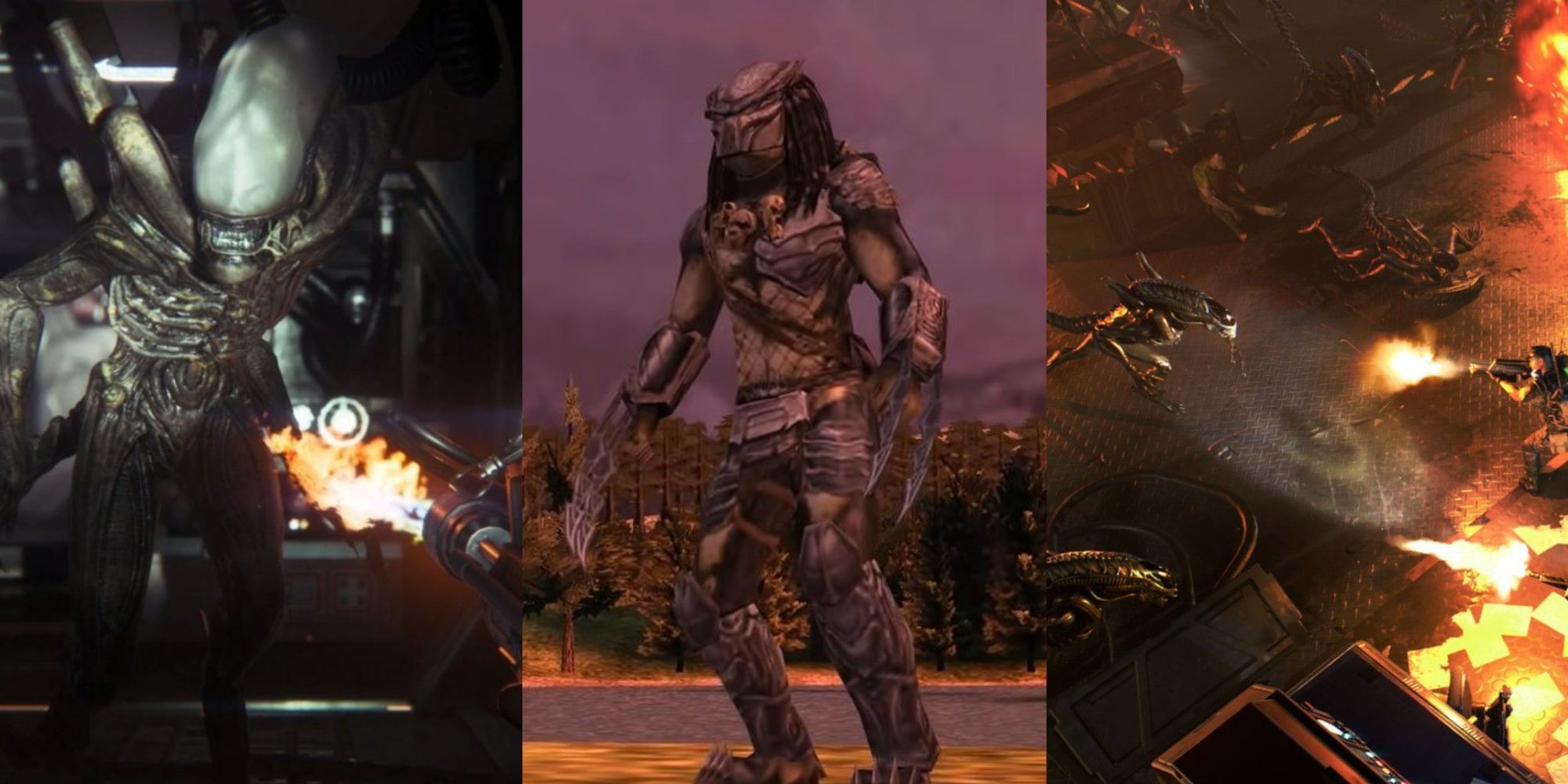 A split-image of Amanda about to use a flamethrower on the Xenomorph in Alien: Isolation, a Predator with sharp claws out in AVP, and Xenomorphs descending on Marines in Aliens: Dark Descent.