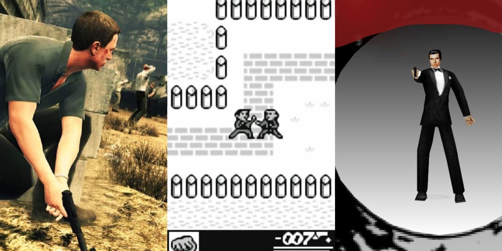 A split-image of Daniel Craig's James Bond hiding in cover in Bloodstone, a black-and-white monochrome GBA 007 game, and Agent 007 in the circular ring with blood.