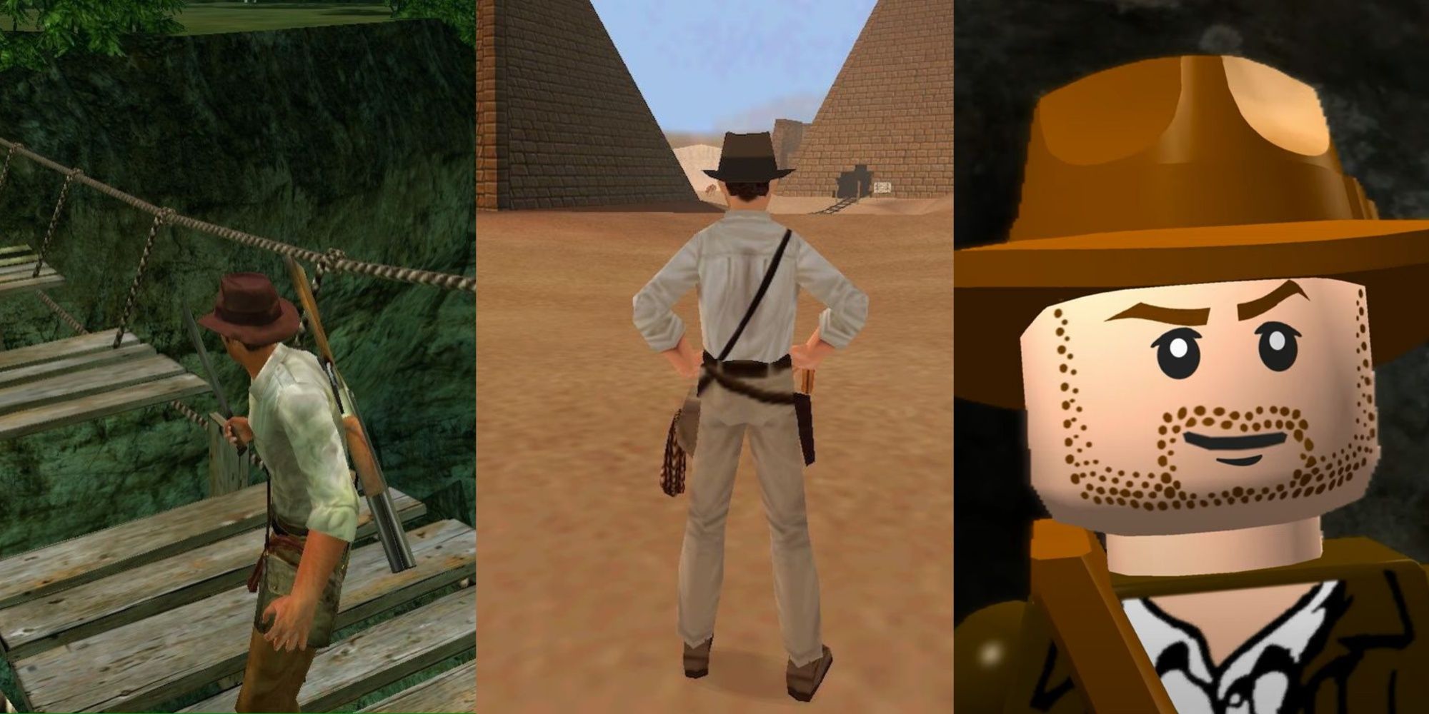 A split-image showing Indiana Jones on a bridge in The Emperor's Tomb, looking at Pyramids in Infernal Machine, and a close-up of the Lego version from Lego Indiana Jones.