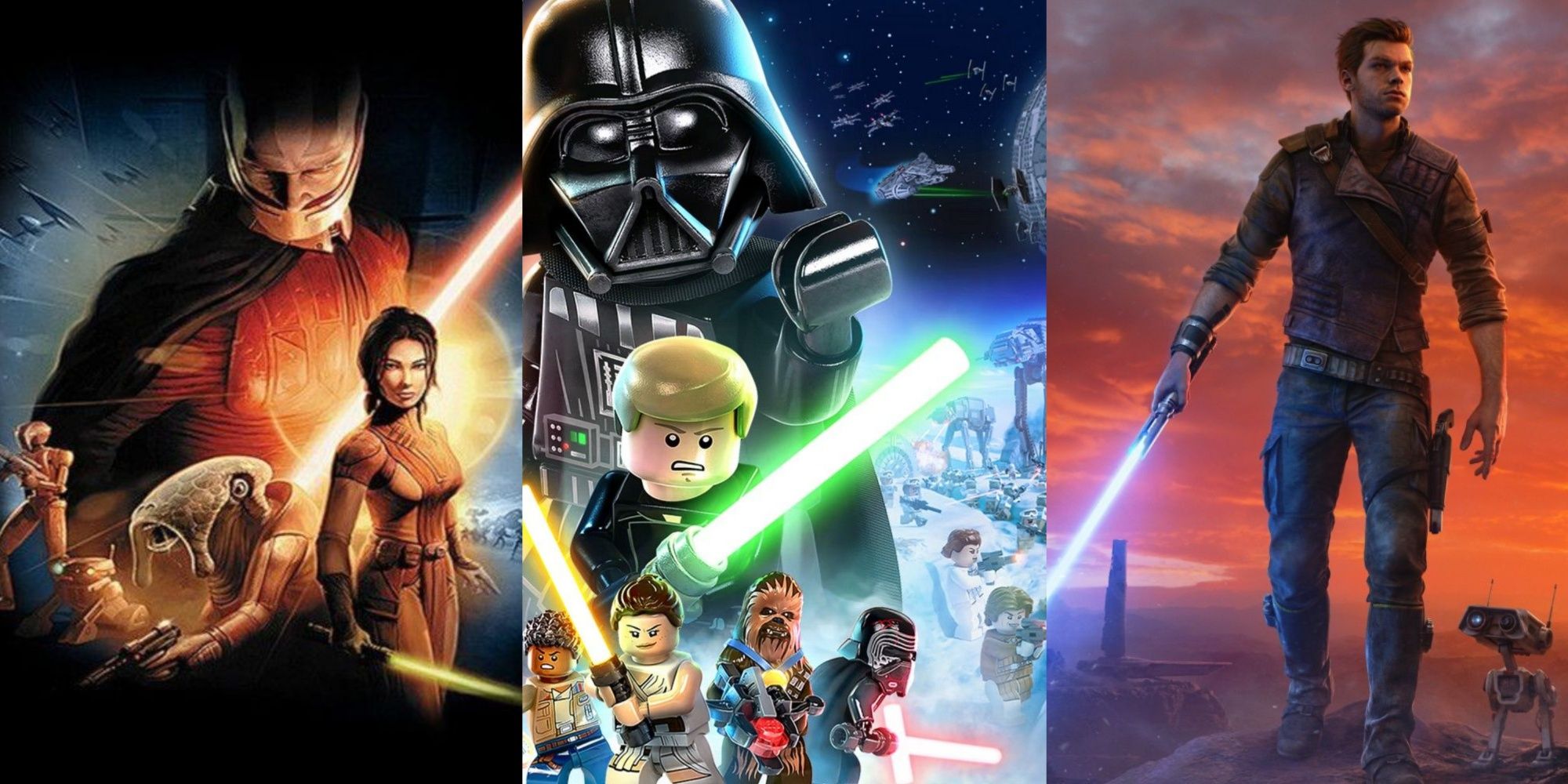 A split-image of the covers for Knights of the Old republic, Lego Star Wars: The Skywalker Saga, and Star Wars Jedi: Survivor.