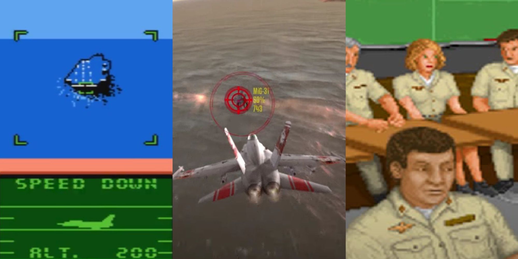 A split image of various kinds of Top Gun games, from the 80s, 90s, and the more modern Top Gun: Hardlock.