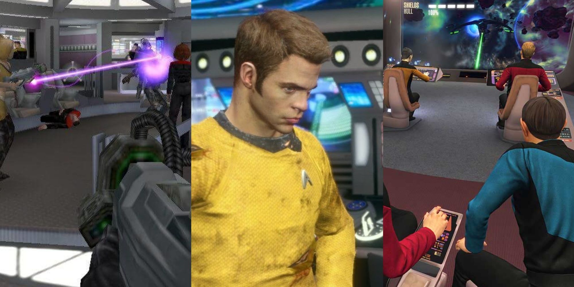 A split-image of FPS combat from Star Trek: Voyager - Elite Force, Chris Pine's Capt. Kirk video game character, and VR gameplay of Bridge Crew.