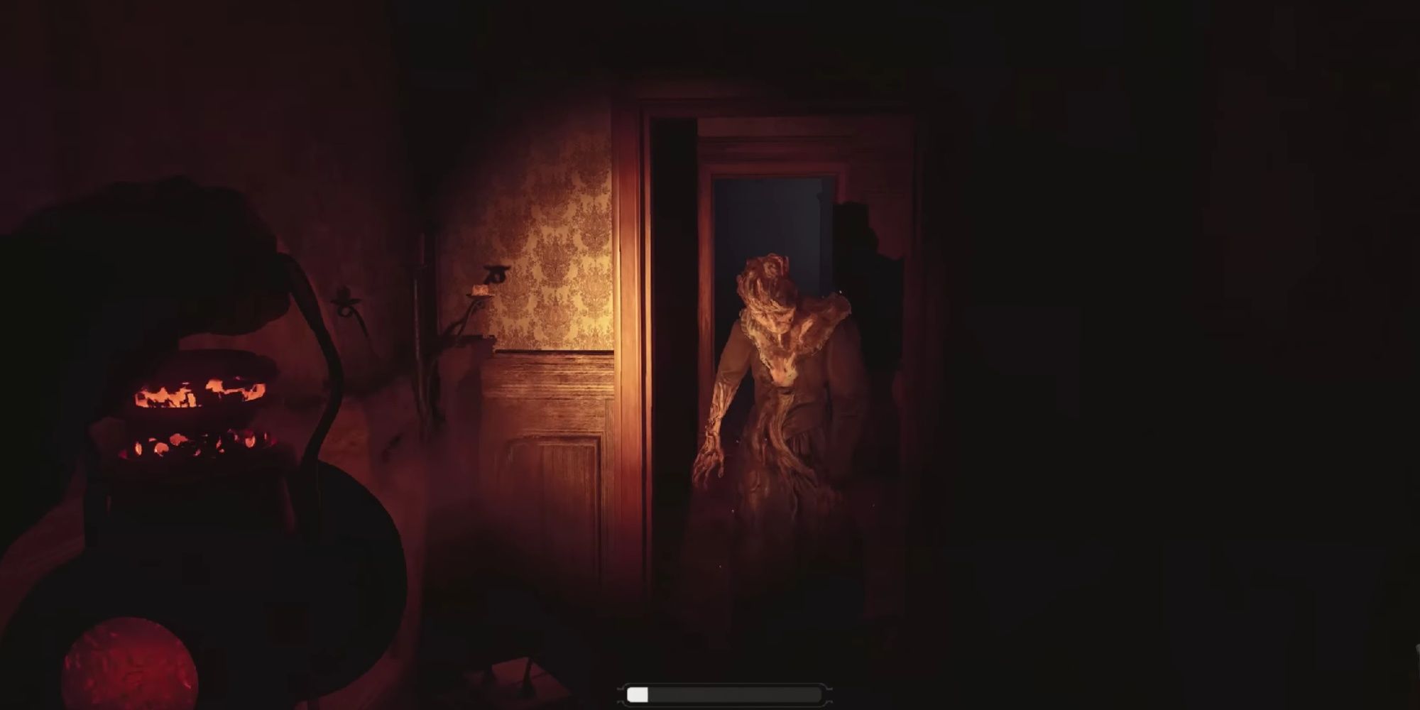 A creepy ghoulish enemy bursting through a door while the player holds a lantern toward the enemy in Layers of Fear (2023).