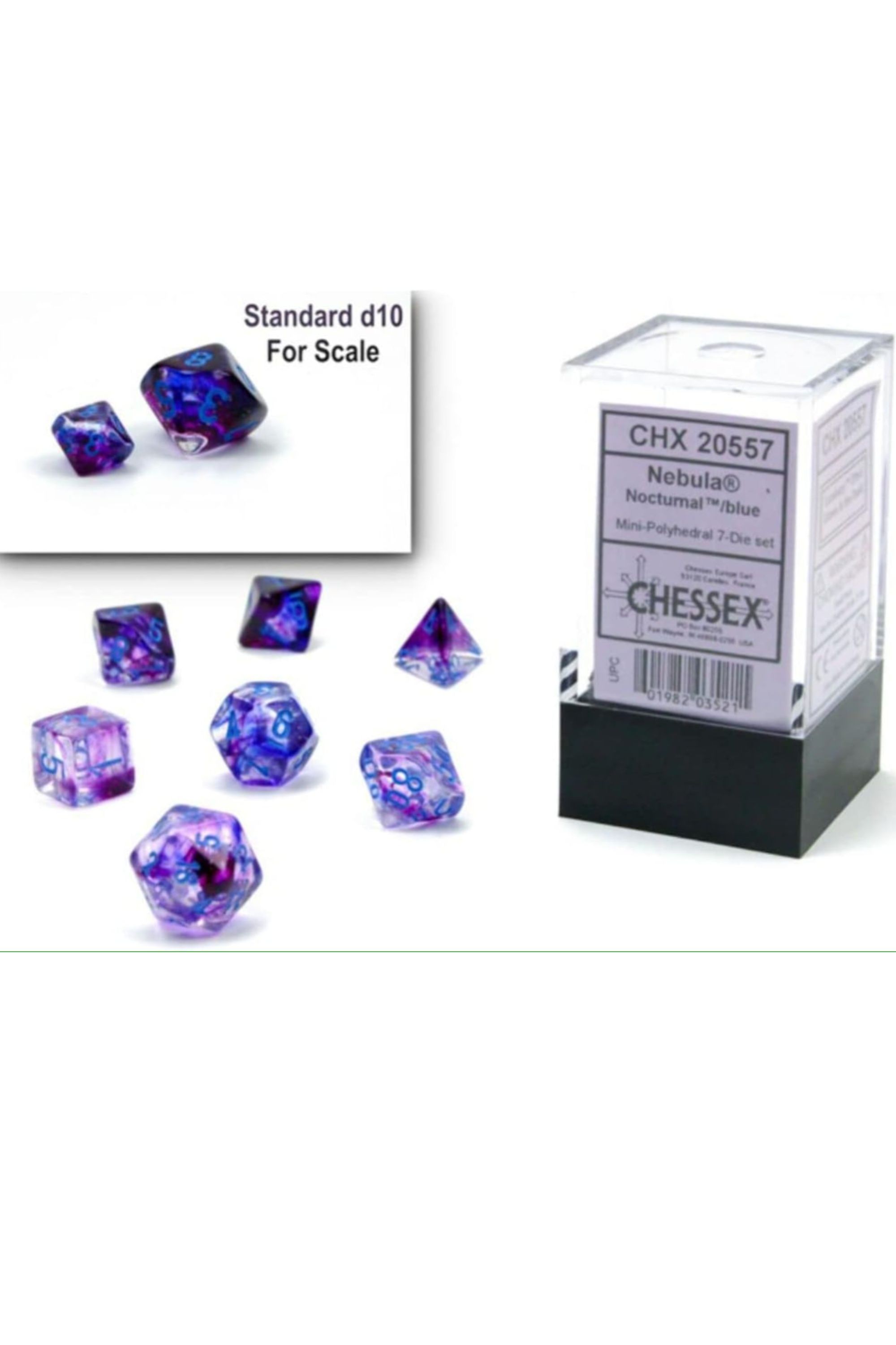 dnd chessex dice set purple with a chessex dice box next to them