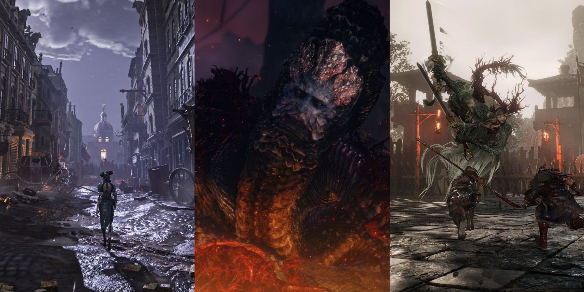 A feature image collage of the gloomy landscape of Steelrising, the Serpent boss from Elden Ring, and characters fighting a giant boss in Wo Long: Fallen Dynasty.