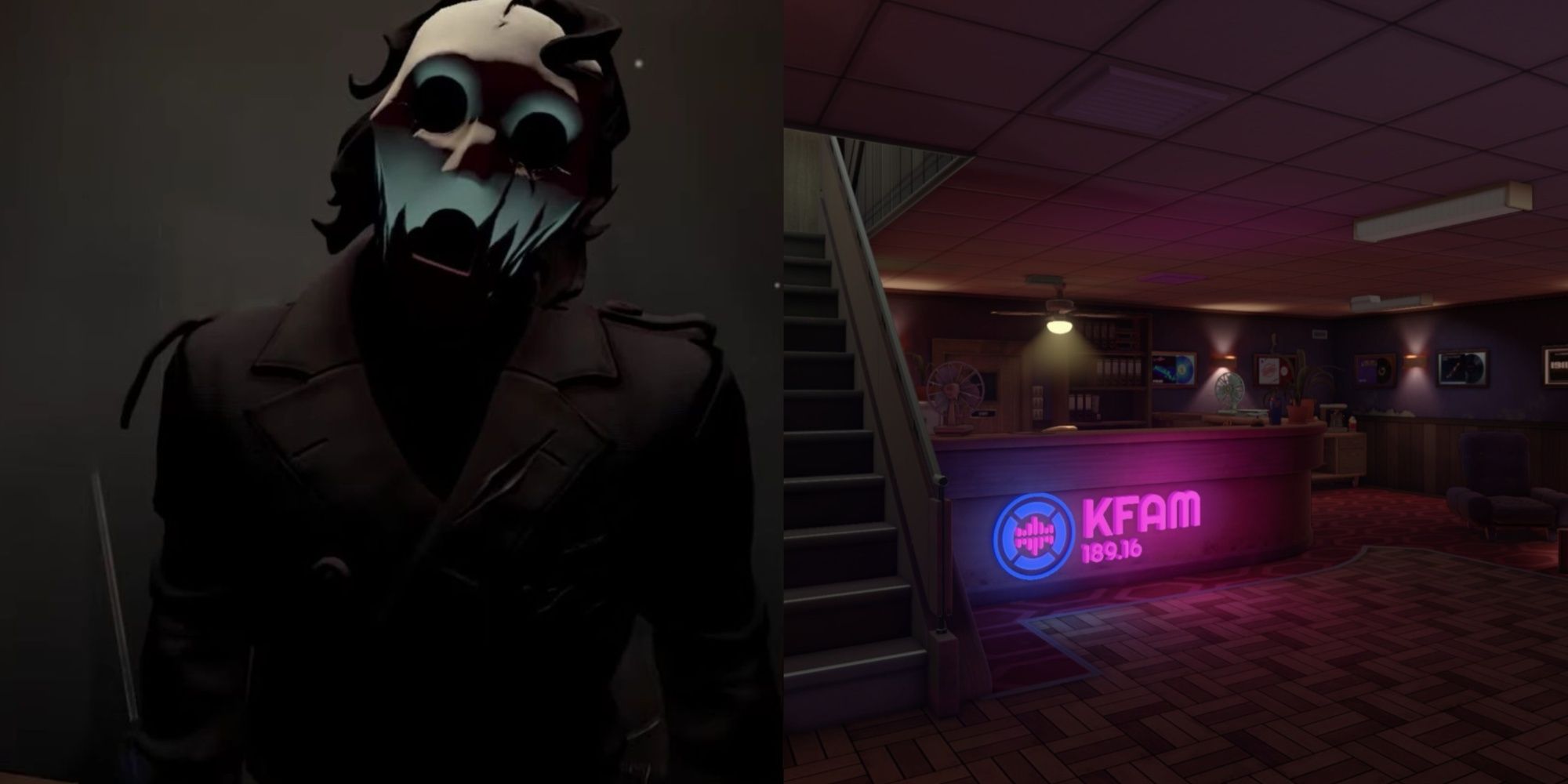 Split image of the creepy slasher Whistling Man and the front entrance of KFAM radio station from Killer Frequency.