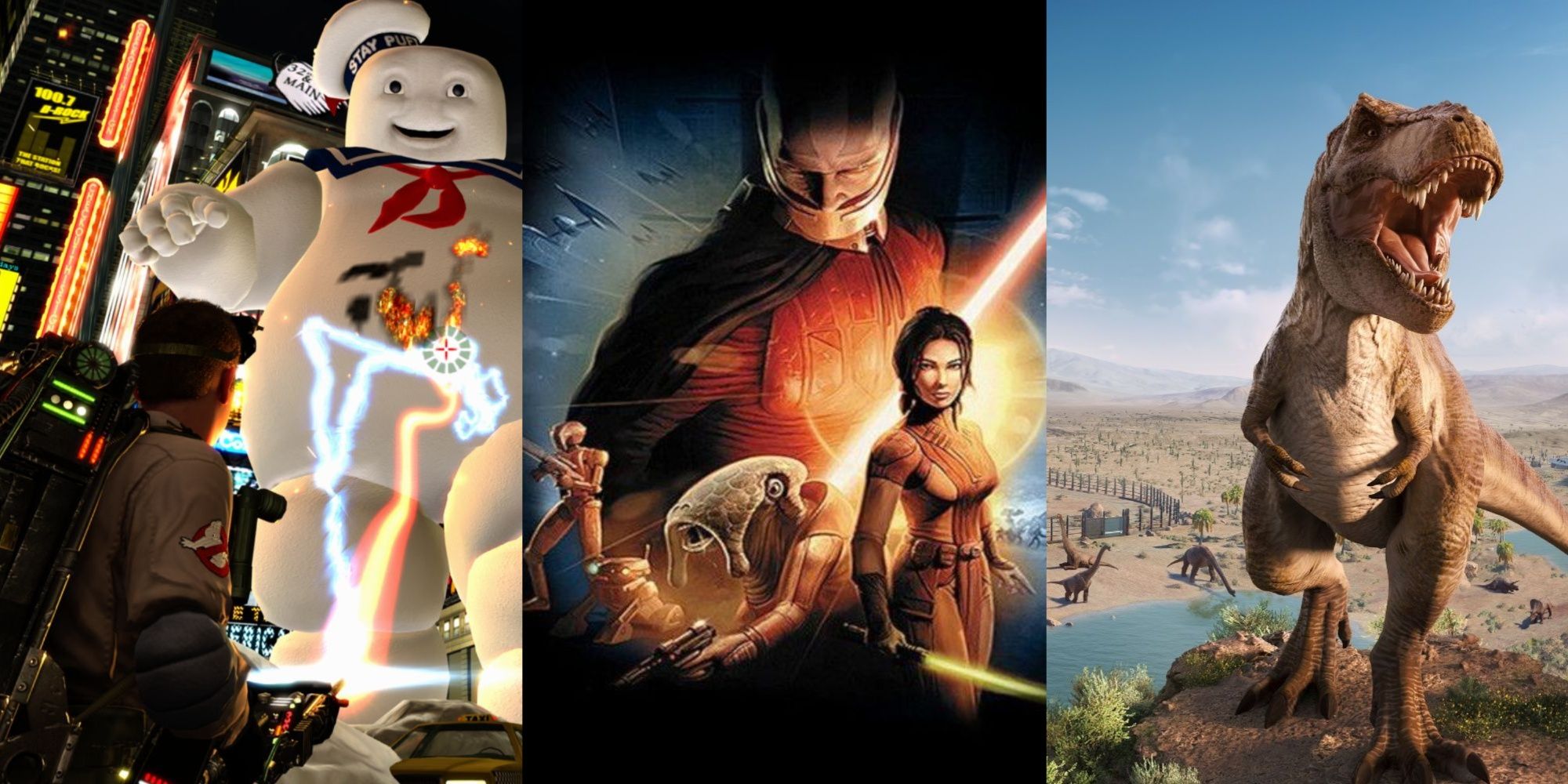 A three-image collage of a character zapping the Stay Puft ghost in the Ghostbusters video game, the cover art for Star Wars: Knights of the Old Republic, and the T-Rex roaring on the cover of Jurassic World: Evolution. 