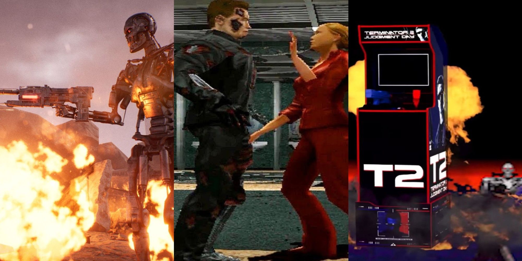 A split-image of a machine firing a weapon in Terminator: Resistance, Arnold as the T-800 with T-X in a Terminator 3 video game, and an arcade cabinet of T-2 Judgement Day.