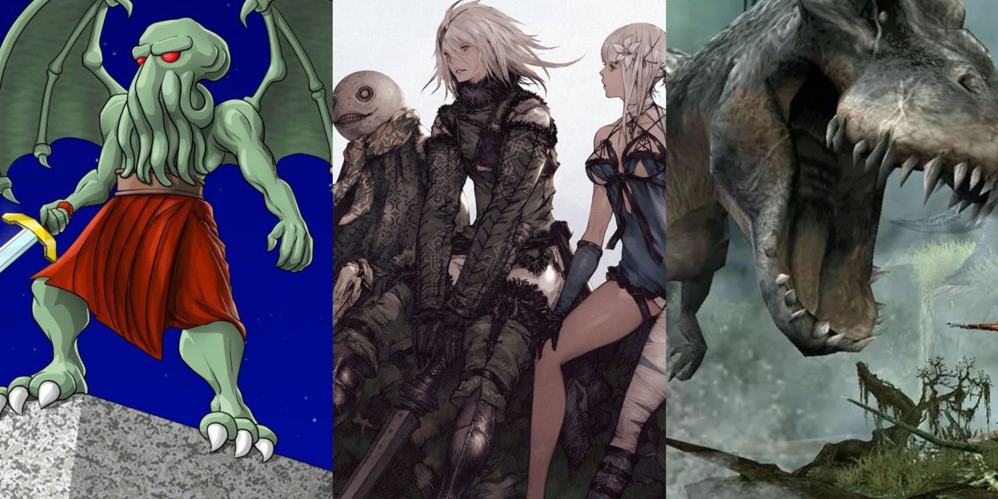 A collage with Cthulhu Saves the World, Nier Replicant, and King Kong.