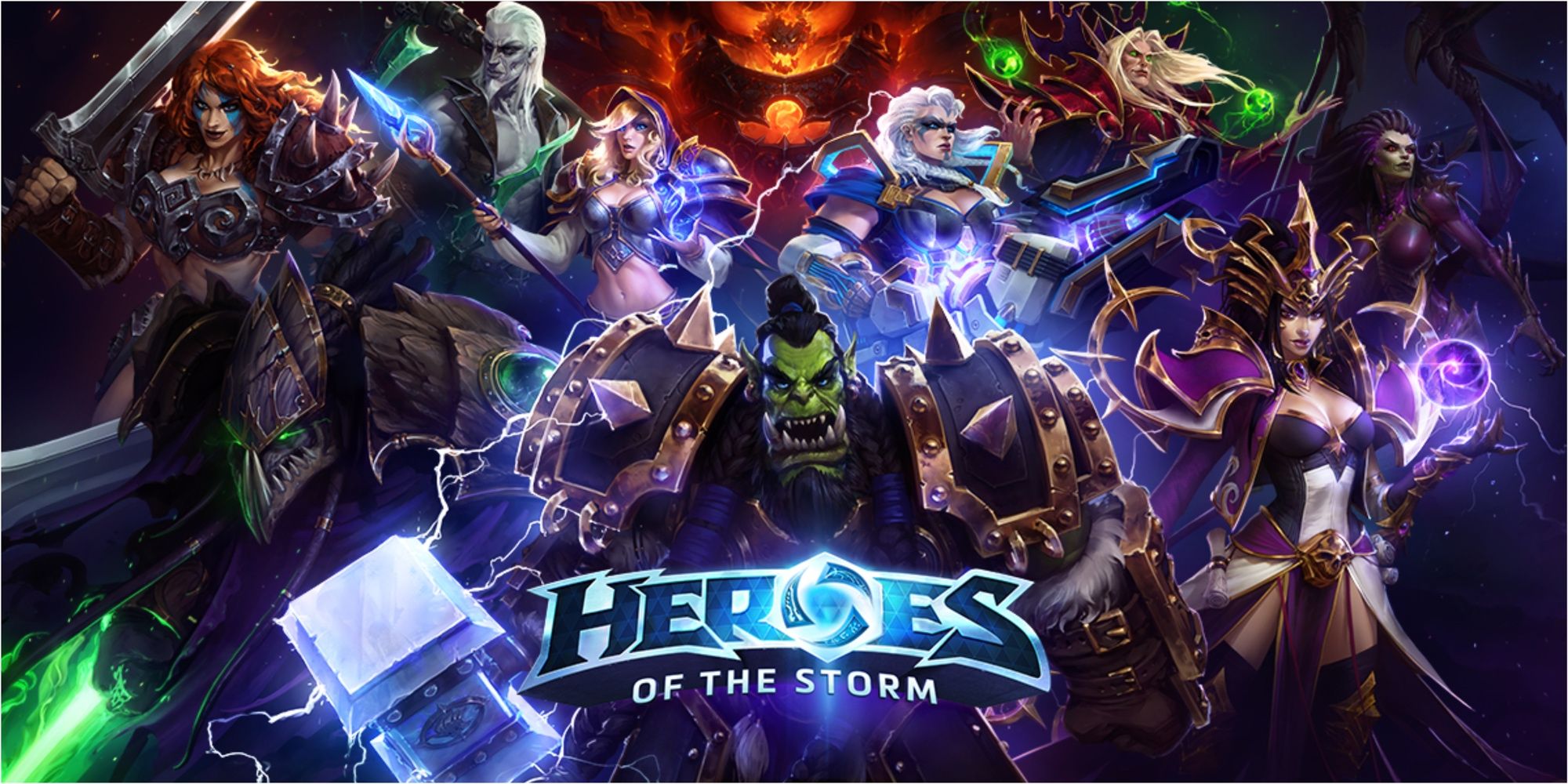 Heroes of the Storm official poster image with all main characters and a logo.