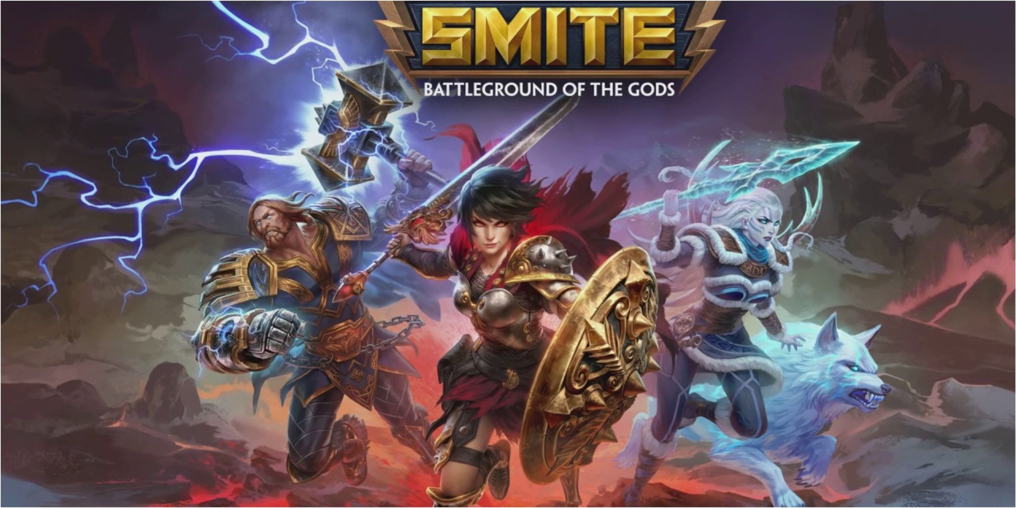 Smite official poster with three gods running towards the camera